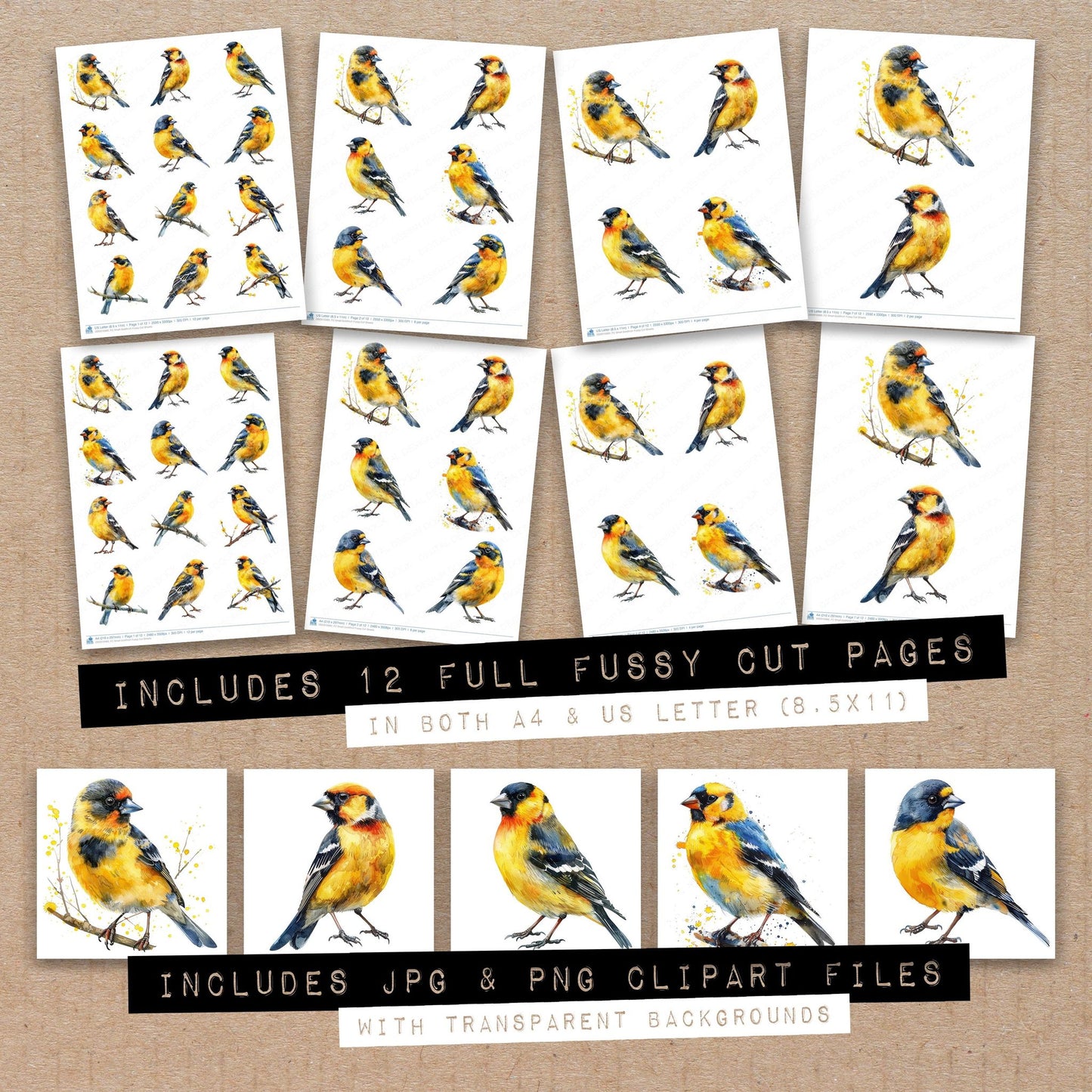 Full collection view of Small Goldfinch fussy cut sheets with bonus clipart JPG and PNG files