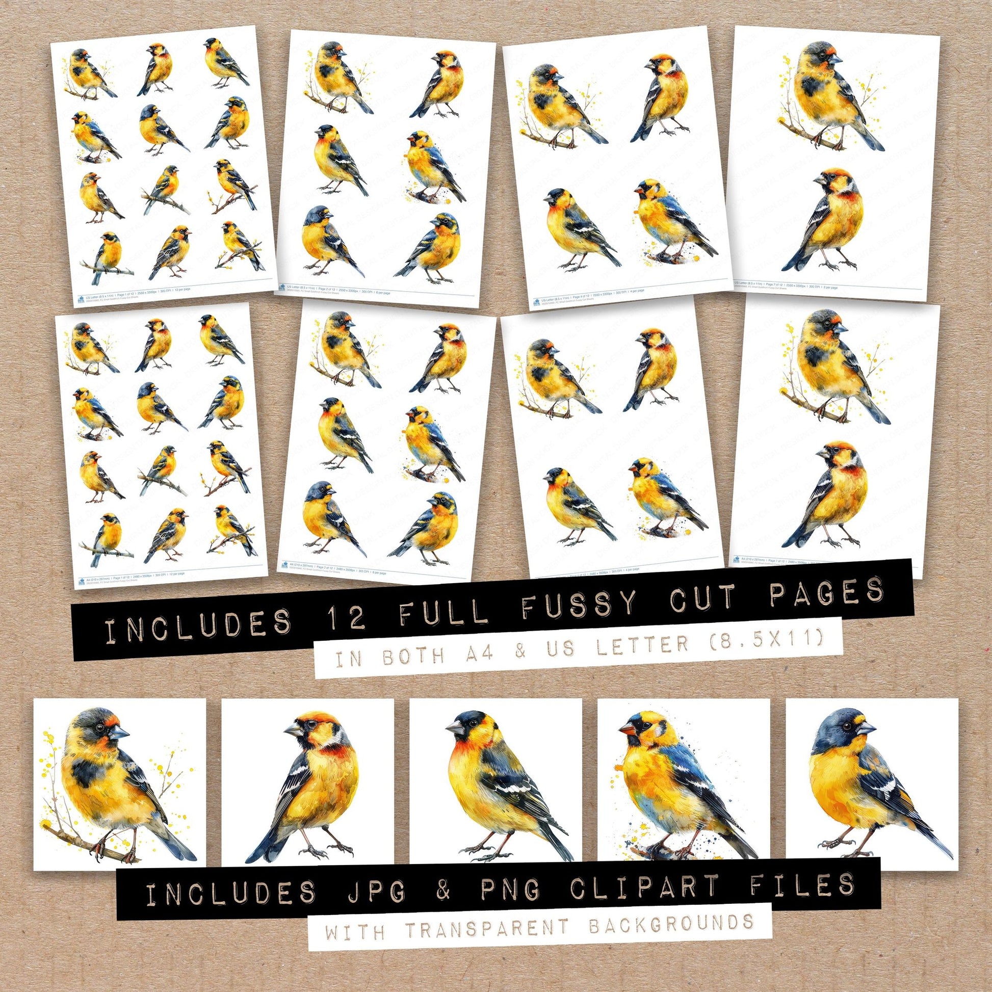 Full collection view of Small Goldfinch fussy cut sheets with bonus clipart JPG and PNG files