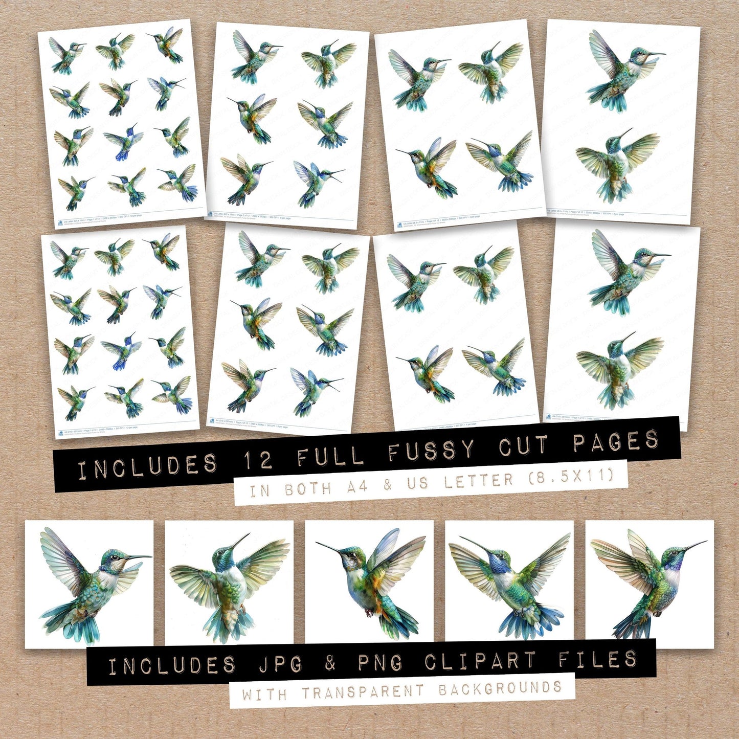 Full collection view of Small Hummingbird fussy cut sheets with bonus clipart JPG and PNG files