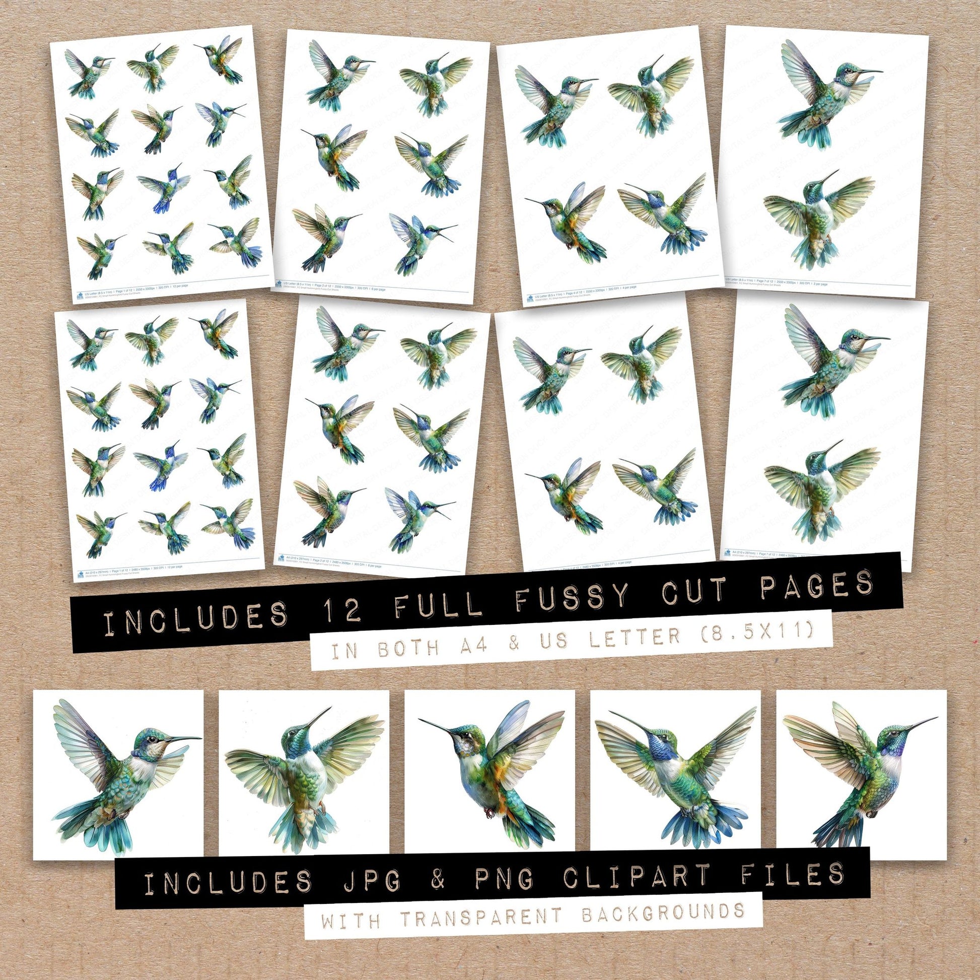 Full collection view of Small Hummingbird fussy cut sheets with bonus clipart JPG and PNG files