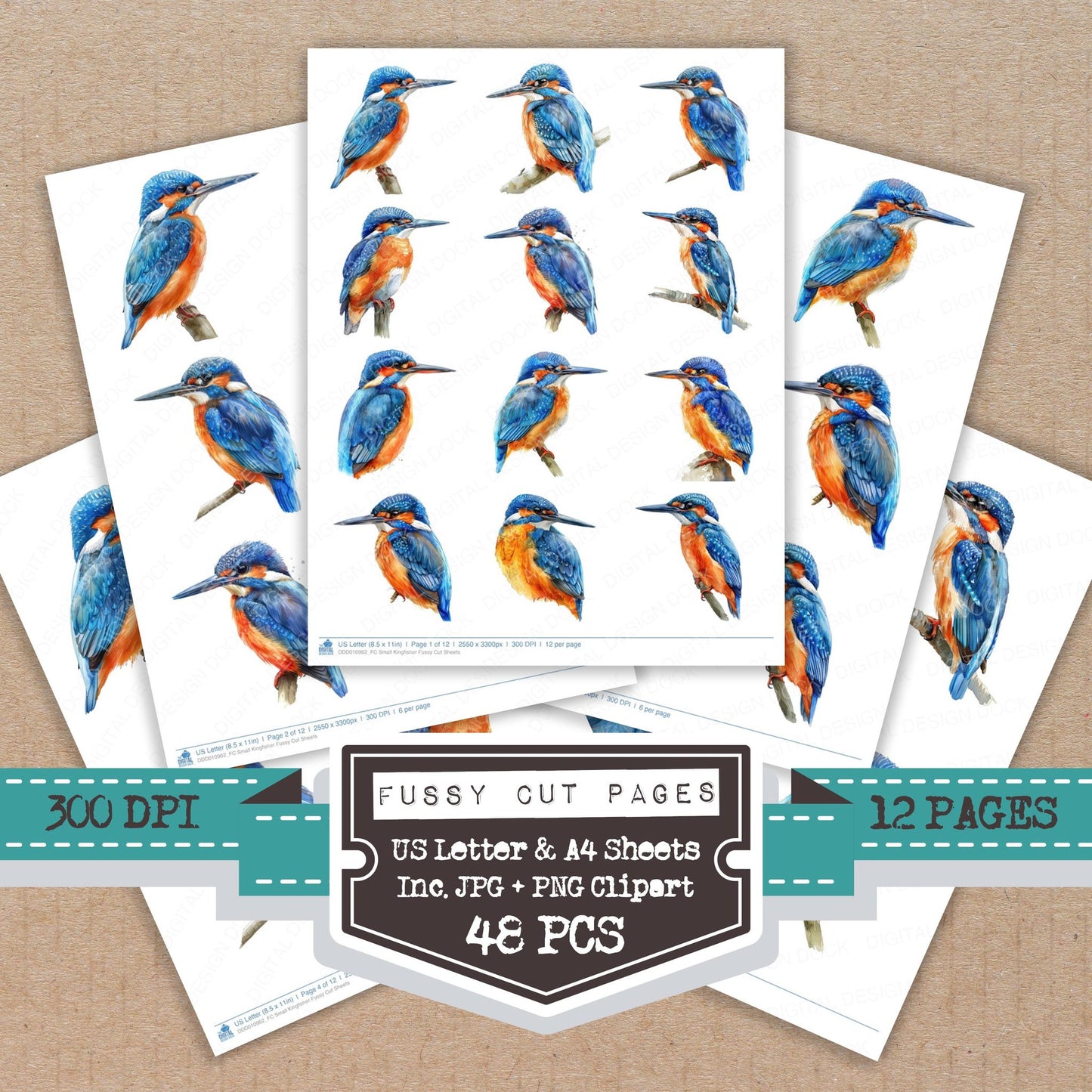 Small Kingfisher fussy cut printable sheets for junk journaling, scrapbooking, and paper craft projects