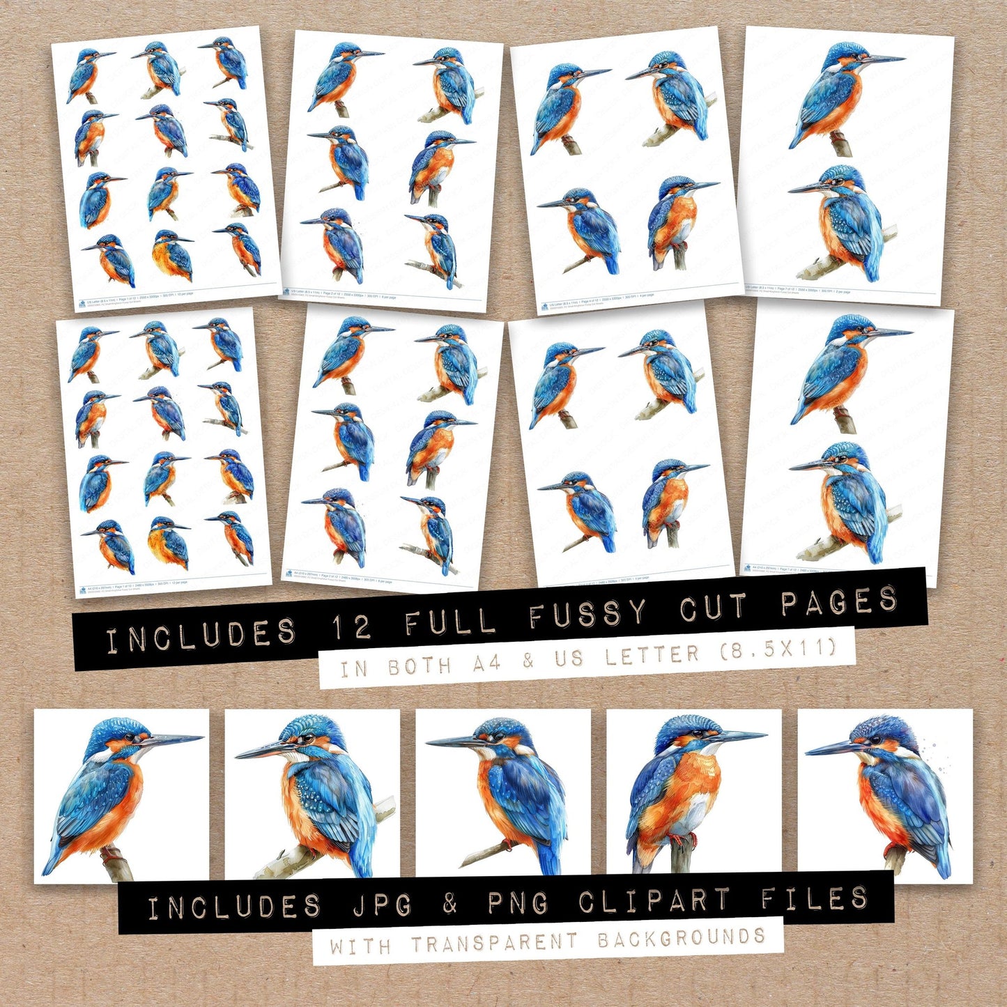 Full collection view of Small Kingfisher fussy cut sheets with bonus clipart JPG and PNG files