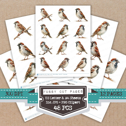 Small Sparrow fussy cut printable sheets for junk journaling, scrapbooking, and paper craft projects