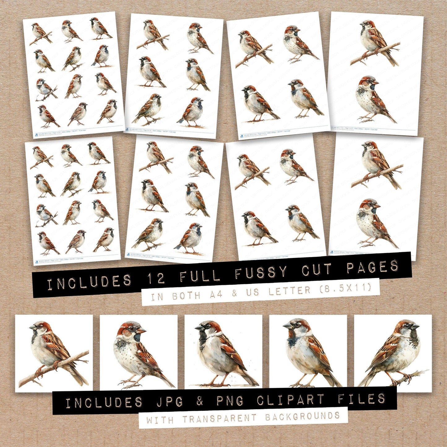 Full collection view of Small Sparrow fussy cut sheets with bonus clipart JPG and PNG files