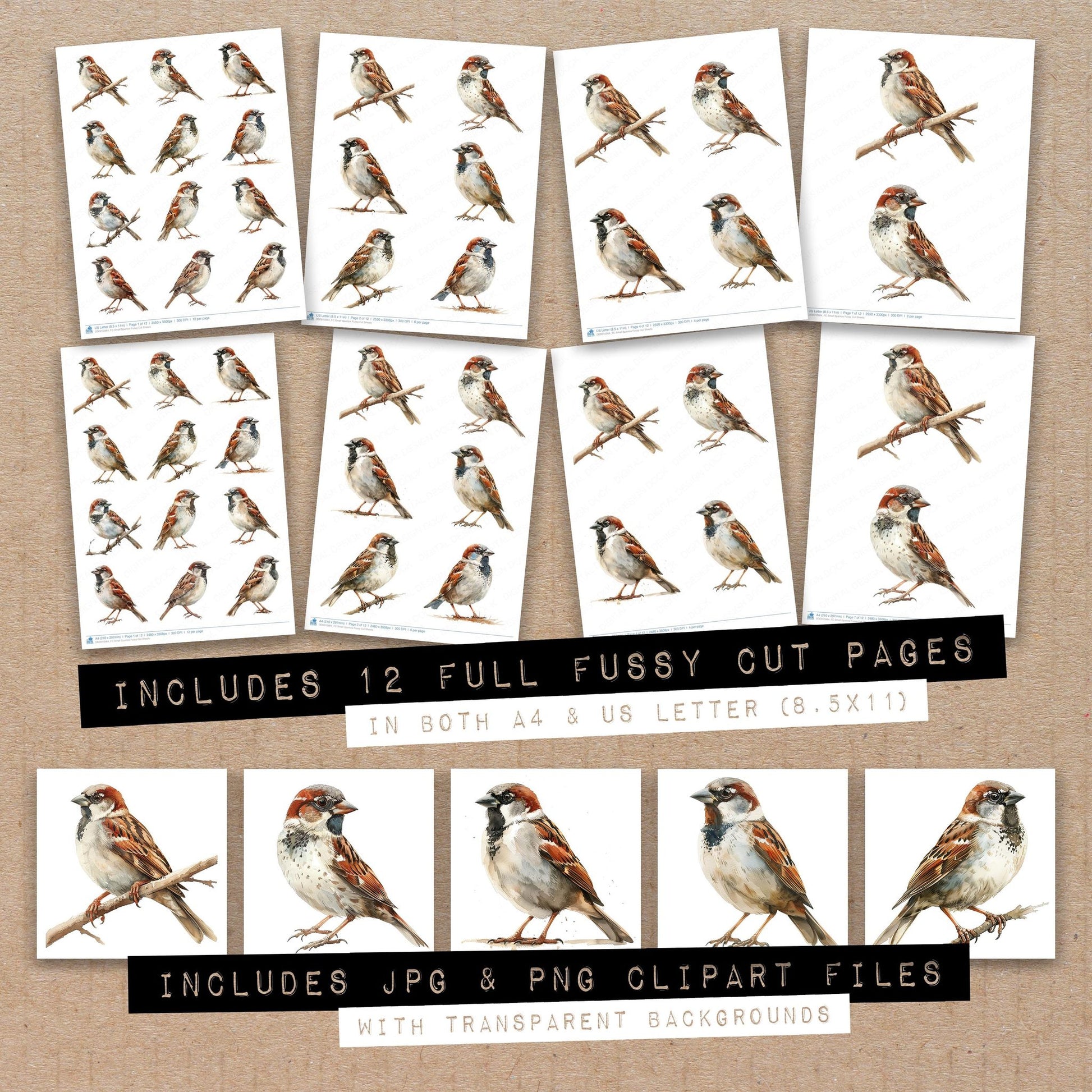 Full collection view of Small Sparrow fussy cut sheets with bonus clipart JPG and PNG files