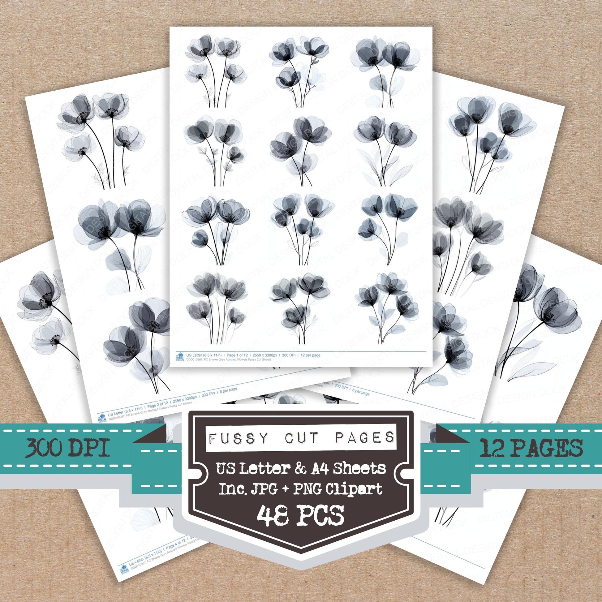 Smoke Grey Abstract Flowers fussy cut printable sheets for junk journaling, scrapbooking, and paper craft projects