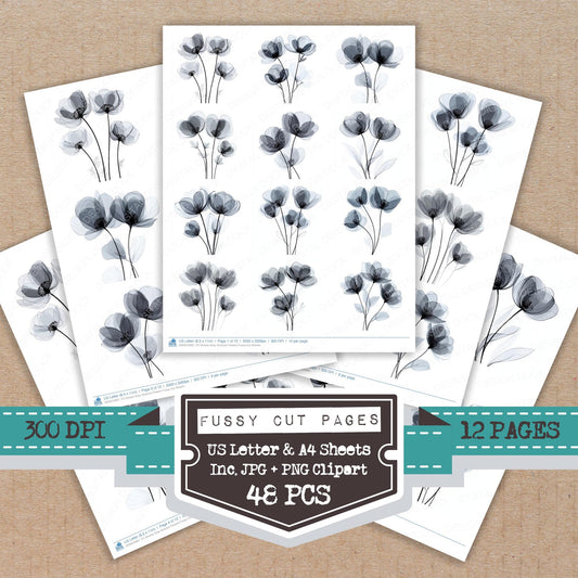 Smoke Grey Abstract Flowers fussy cut printable sheets for junk journaling, scrapbooking, and paper craft projects