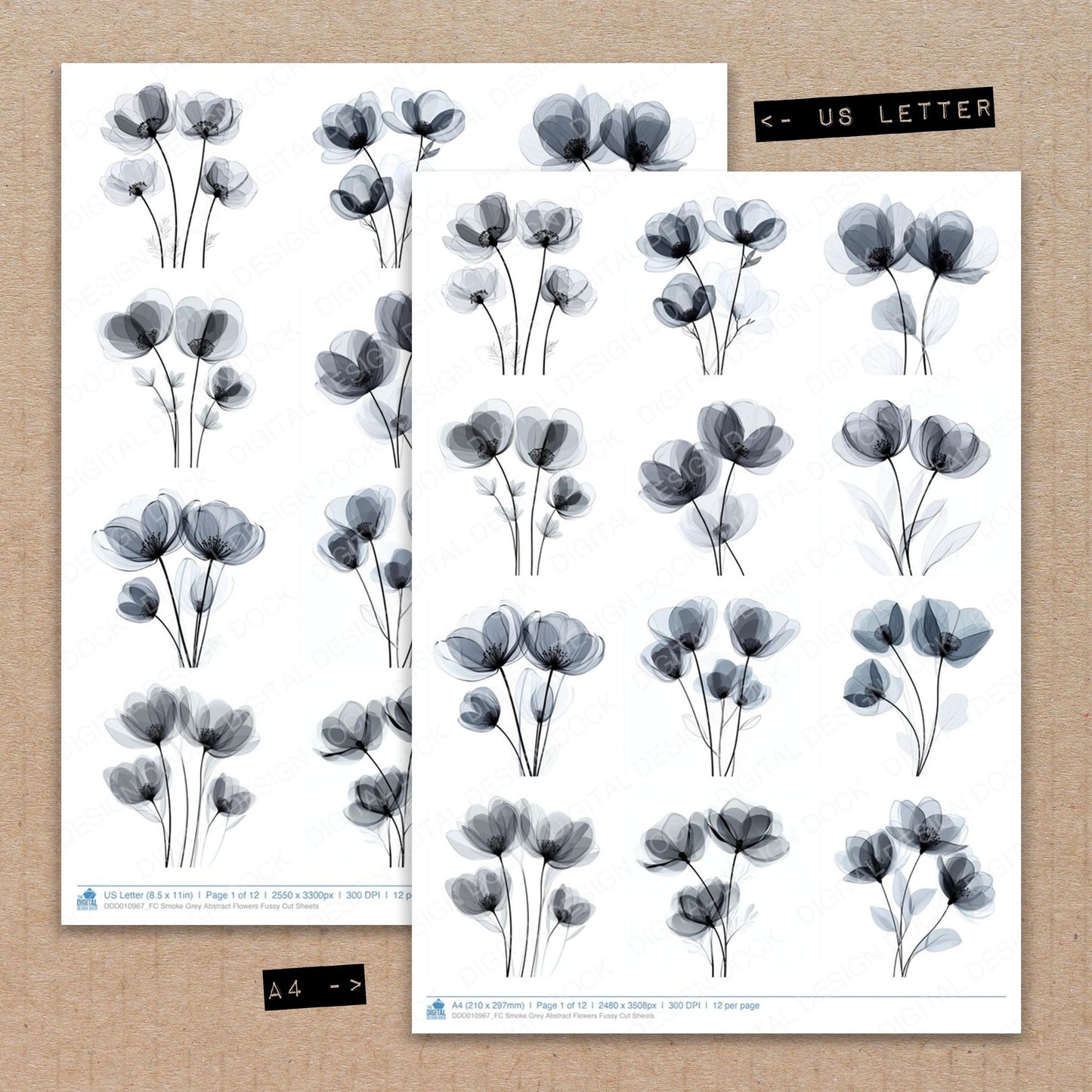 A4 and US Letter format comparison showing Smoke Grey Abstract Flowers fussy cut pages for print and cut crafting