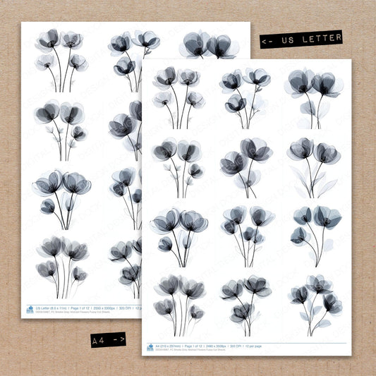 A4 and US Letter format comparison showing Smoke Grey Abstract Flowers fussy cut pages for print and cut crafting