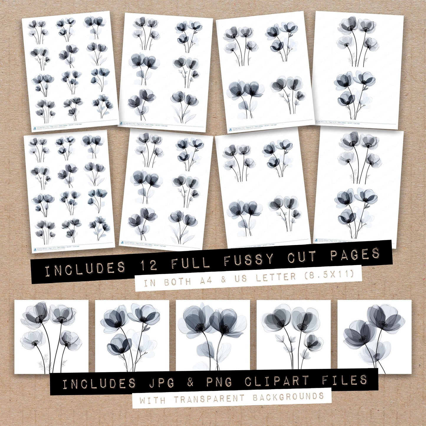 Full collection view of Smoke Grey Abstract Flowers fussy cut sheets with bonus clipart JPG and PNG files