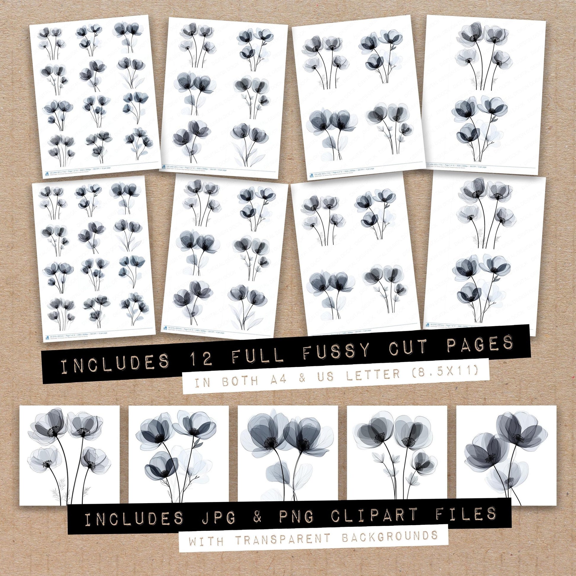 Full collection view of Smoke Grey Abstract Flowers fussy cut sheets with bonus clipart JPG and PNG files