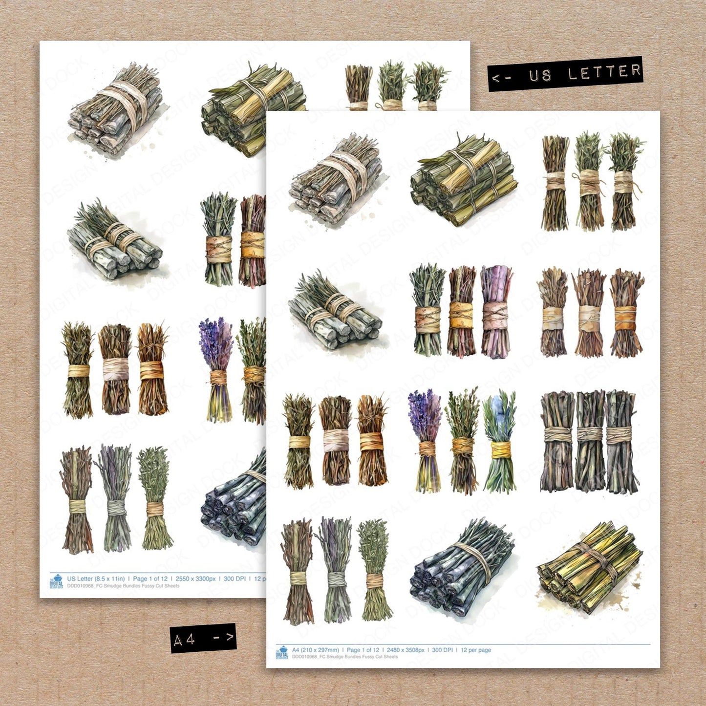 A4 and US Letter format comparison showing Smudge Bundles fussy cut pages for print and cut crafting