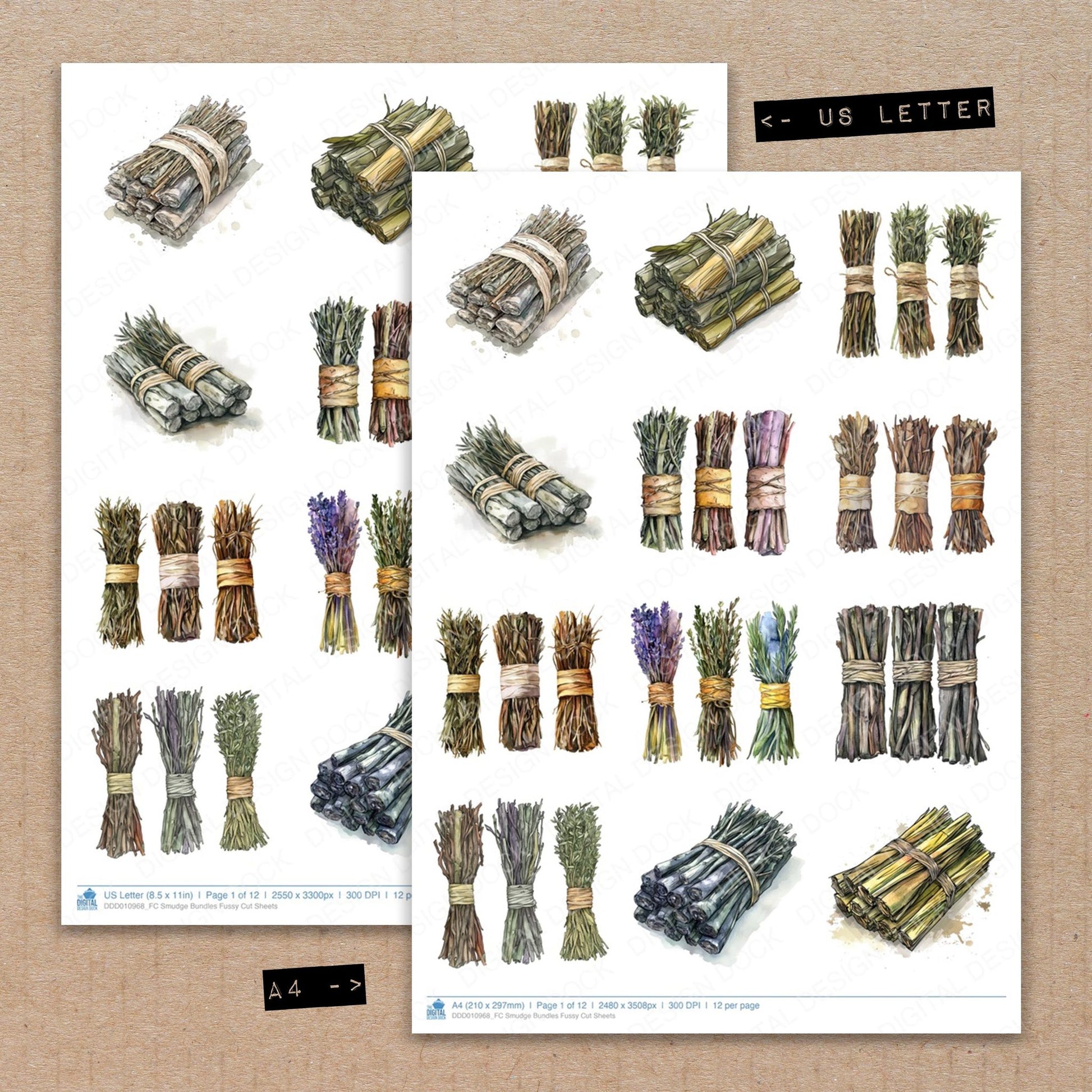 A4 and US Letter format comparison showing Smudge Bundles fussy cut pages for print and cut crafting
