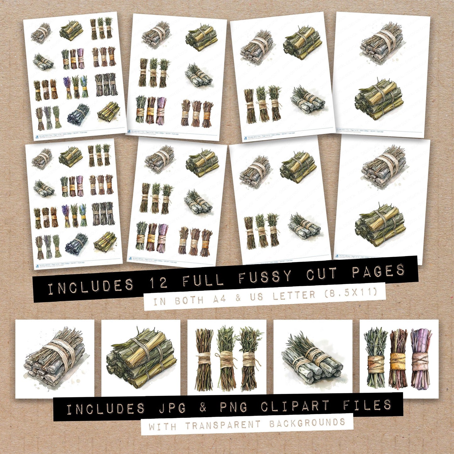 Full collection view of Smudge Bundles fussy cut sheets with bonus clipart JPG and PNG files