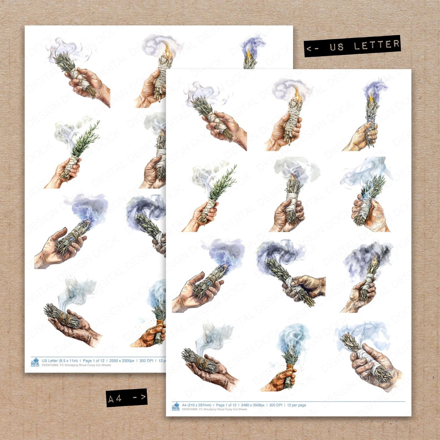 A4 and US Letter format comparison showing Smudging Ritual fussy cut pages for print and cut crafting