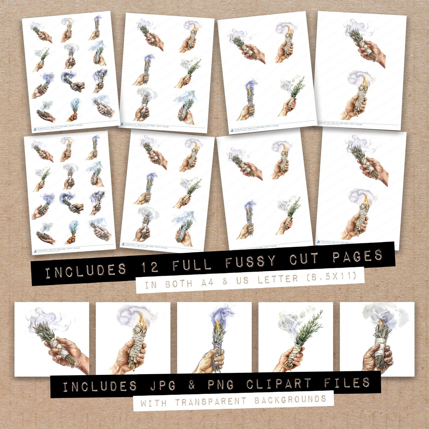Full collection view of Smudging Ritual fussy cut sheets with bonus clipart JPG and PNG files