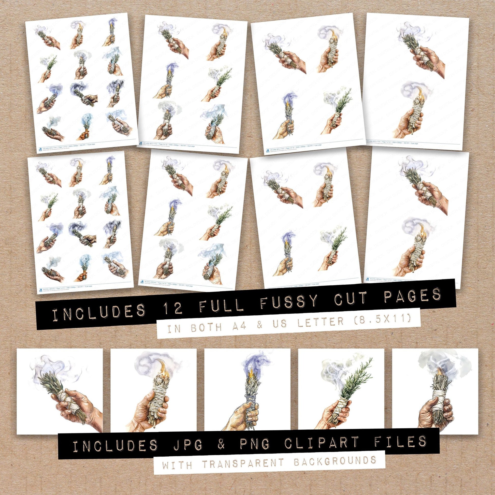 Full collection view of Smudging Ritual fussy cut sheets with bonus clipart JPG and PNG files