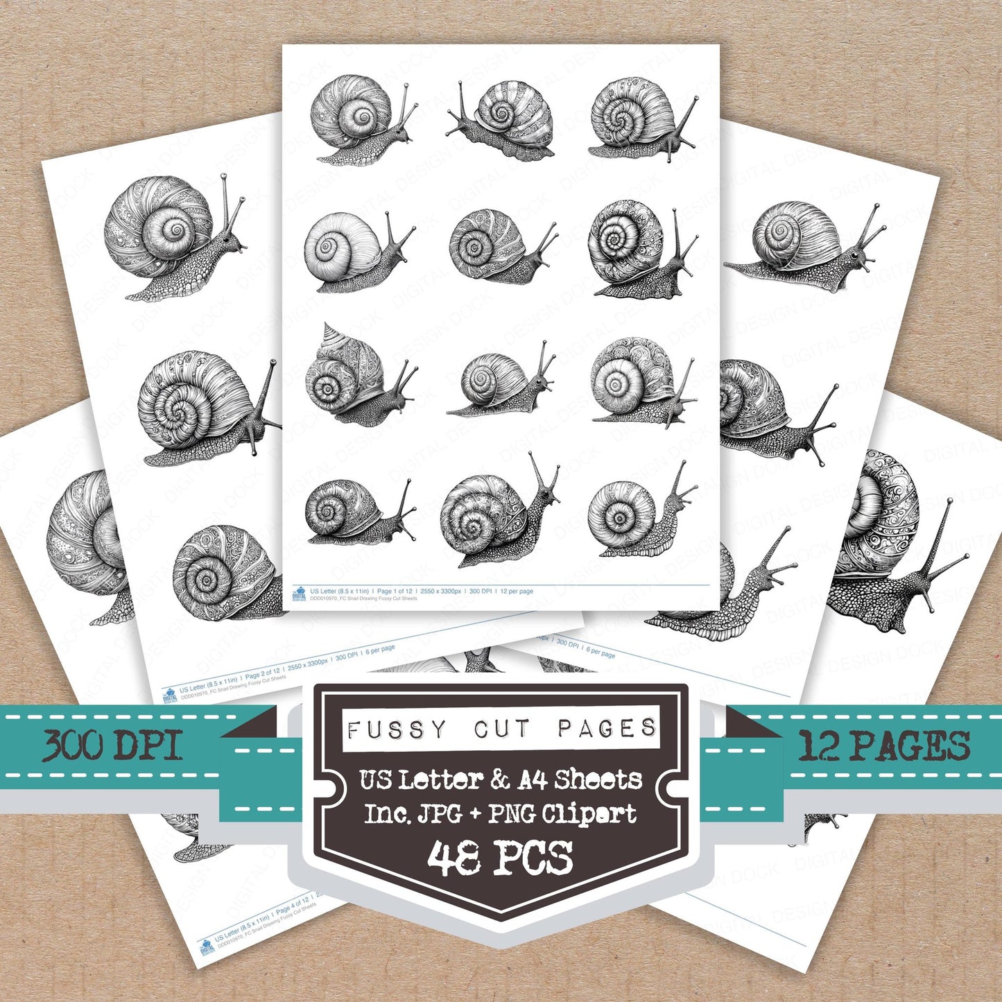 Snail Drawing fussy cut printable sheets for junk journaling, scrapbooking, and paper craft projects