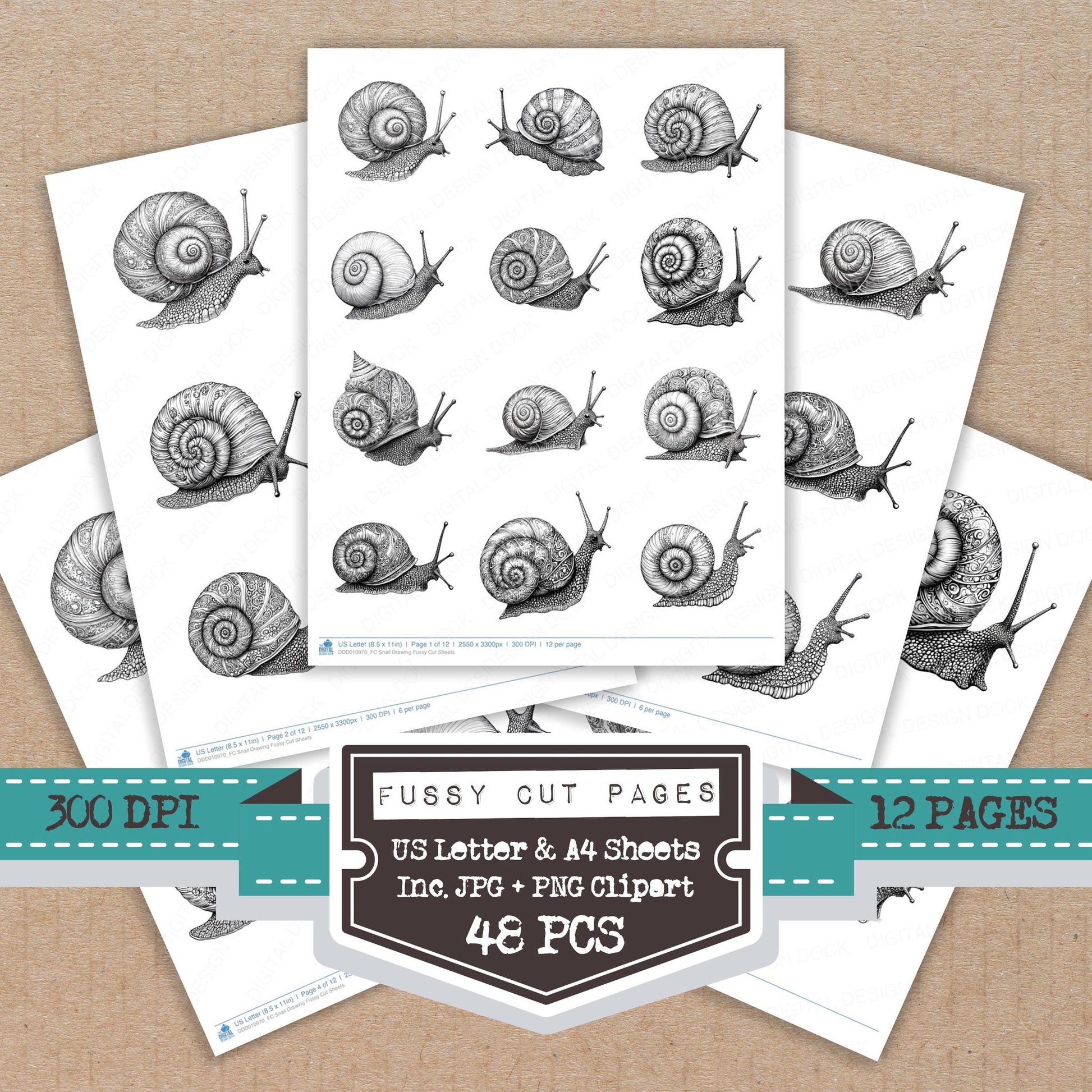 Snail Drawing fussy cut printable sheets for junk journaling, scrapbooking, and paper craft projects