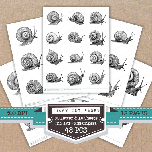 Snail Drawing fussy cut printable sheets for junk journaling, scrapbooking, and paper craft projects