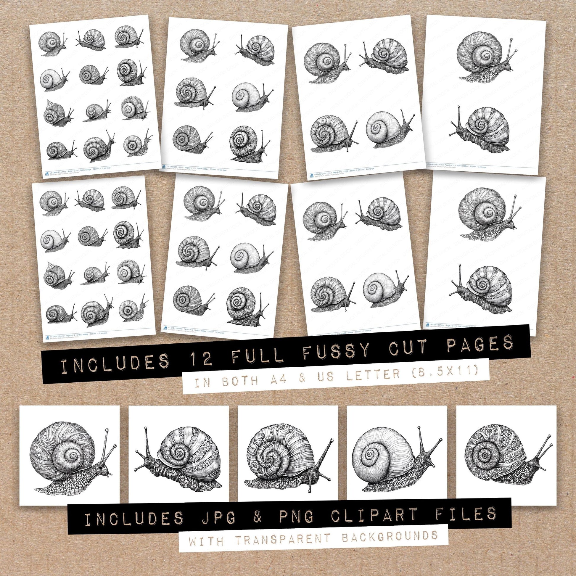 Full collection view of Snail Drawing fussy cut sheets with bonus clipart JPG and PNG files