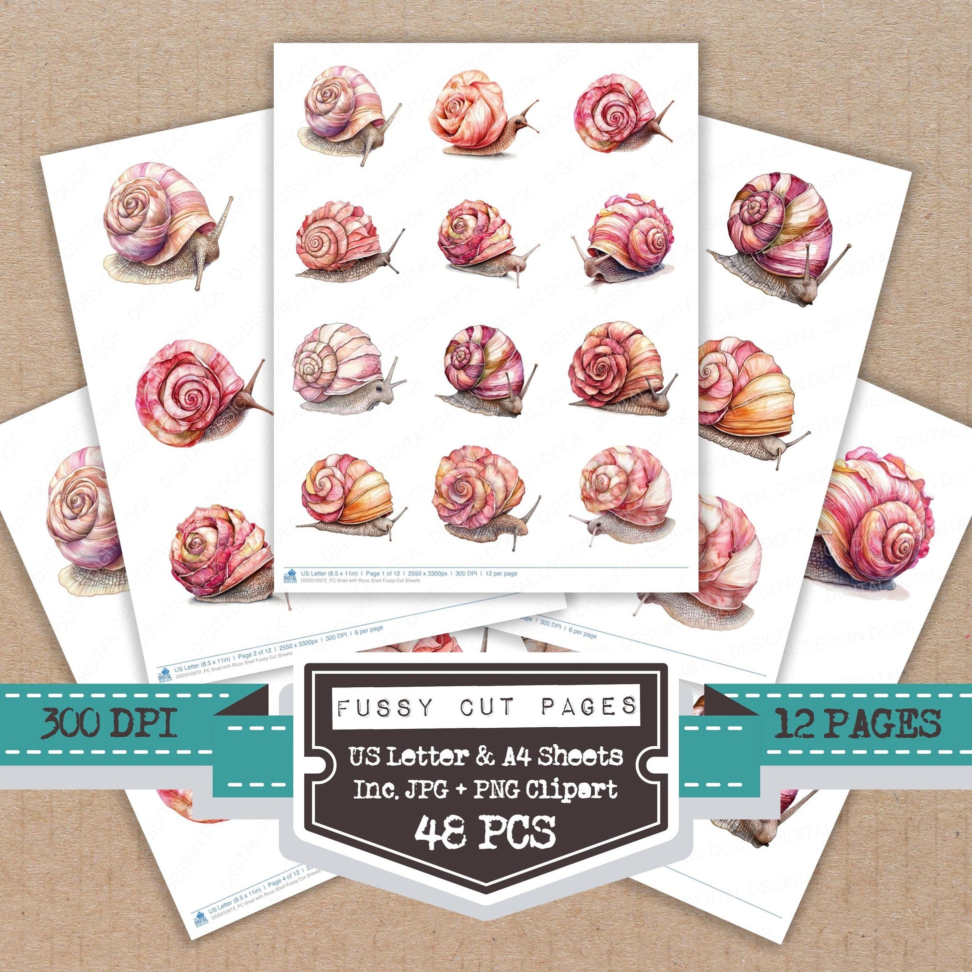 Snail with Rose Shell fussy cut printable sheets for junk journaling, scrapbooking, and paper craft projects
