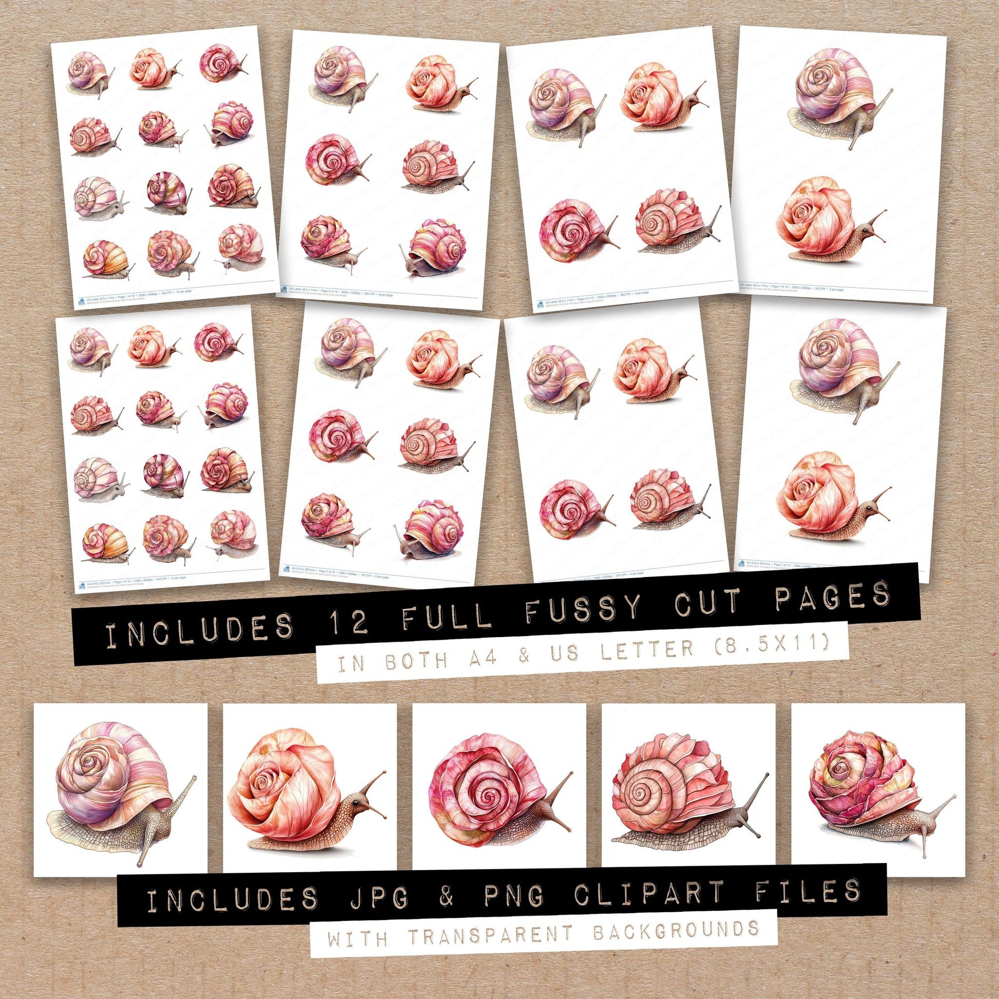 Full collection view of Snail with Rose Shell fussy cut sheets with bonus clipart JPG and PNG files