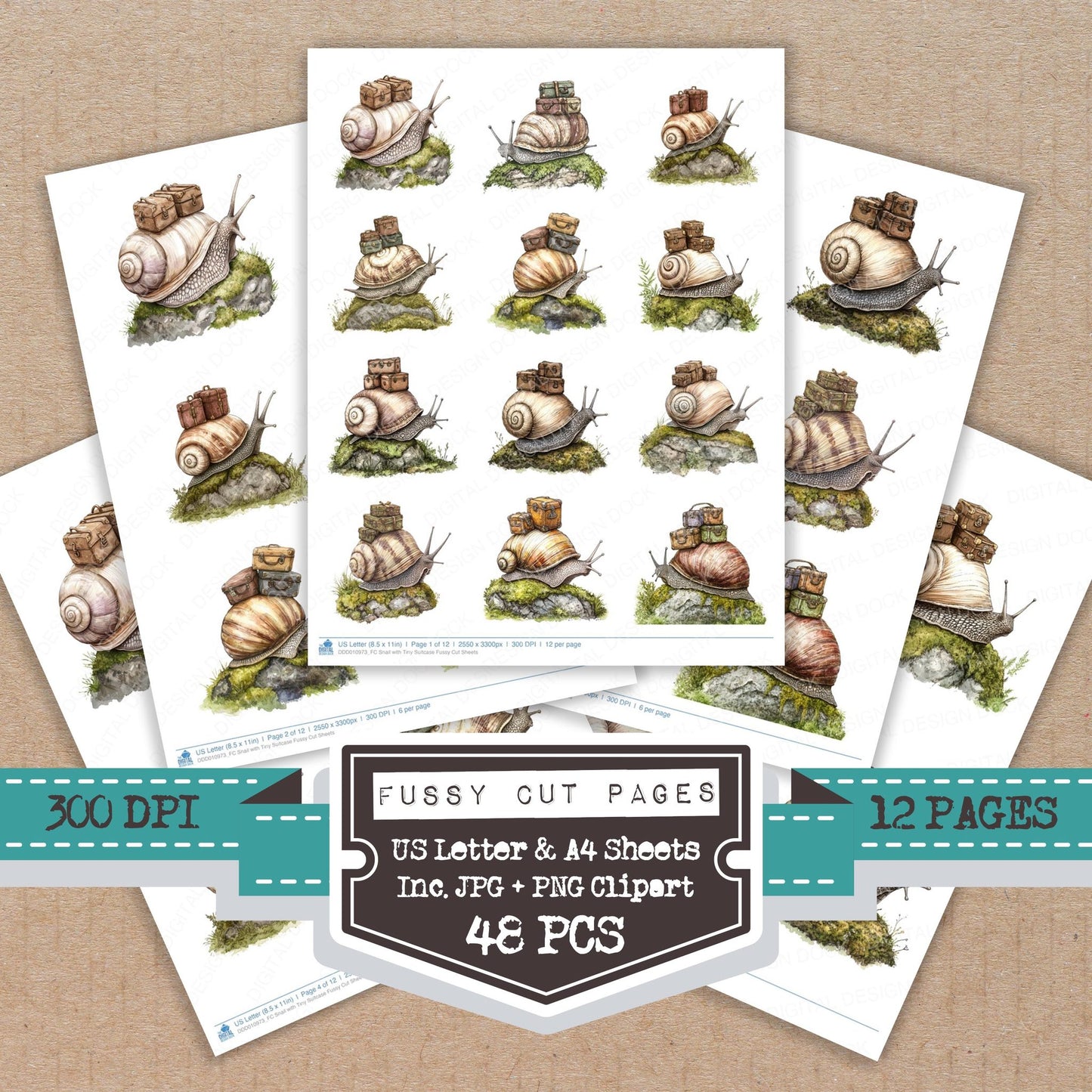 Snail with Tiny Suitcase fussy cut printable sheets for junk journaling, scrapbooking, and paper craft projects