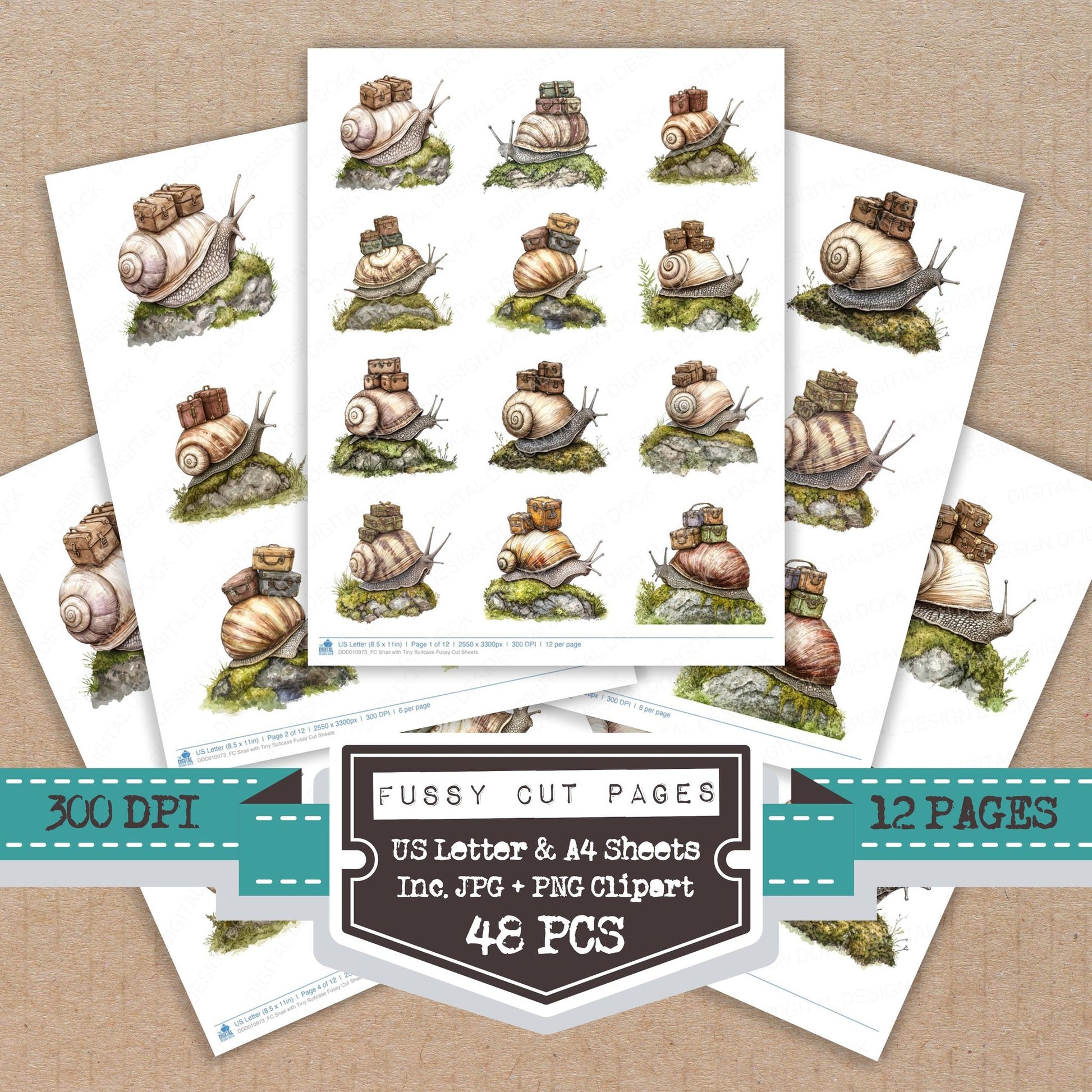 Snail with Tiny Suitcase fussy cut printable sheets for junk journaling, scrapbooking, and paper craft projects