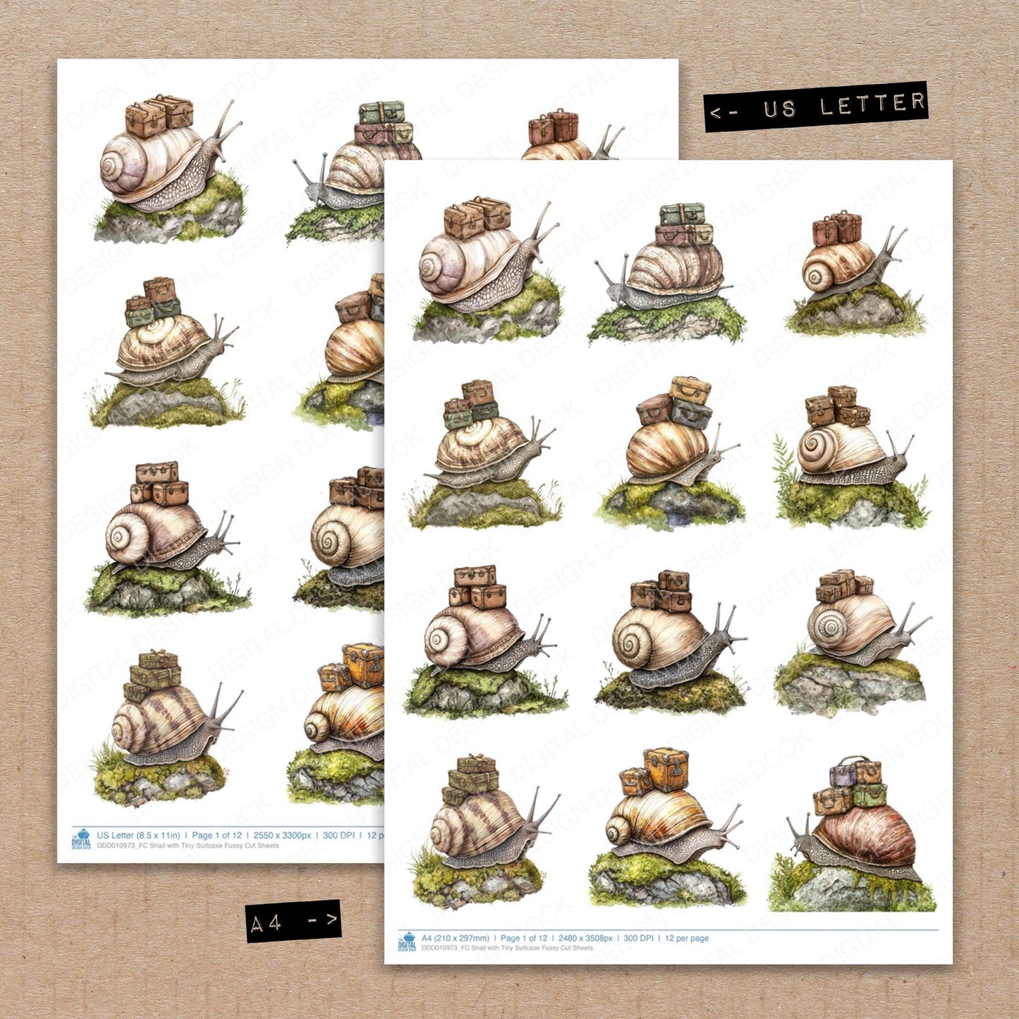 A4 and US Letter format comparison showing Snail with Tiny Suitcase fussy cut pages for print and cut crafting