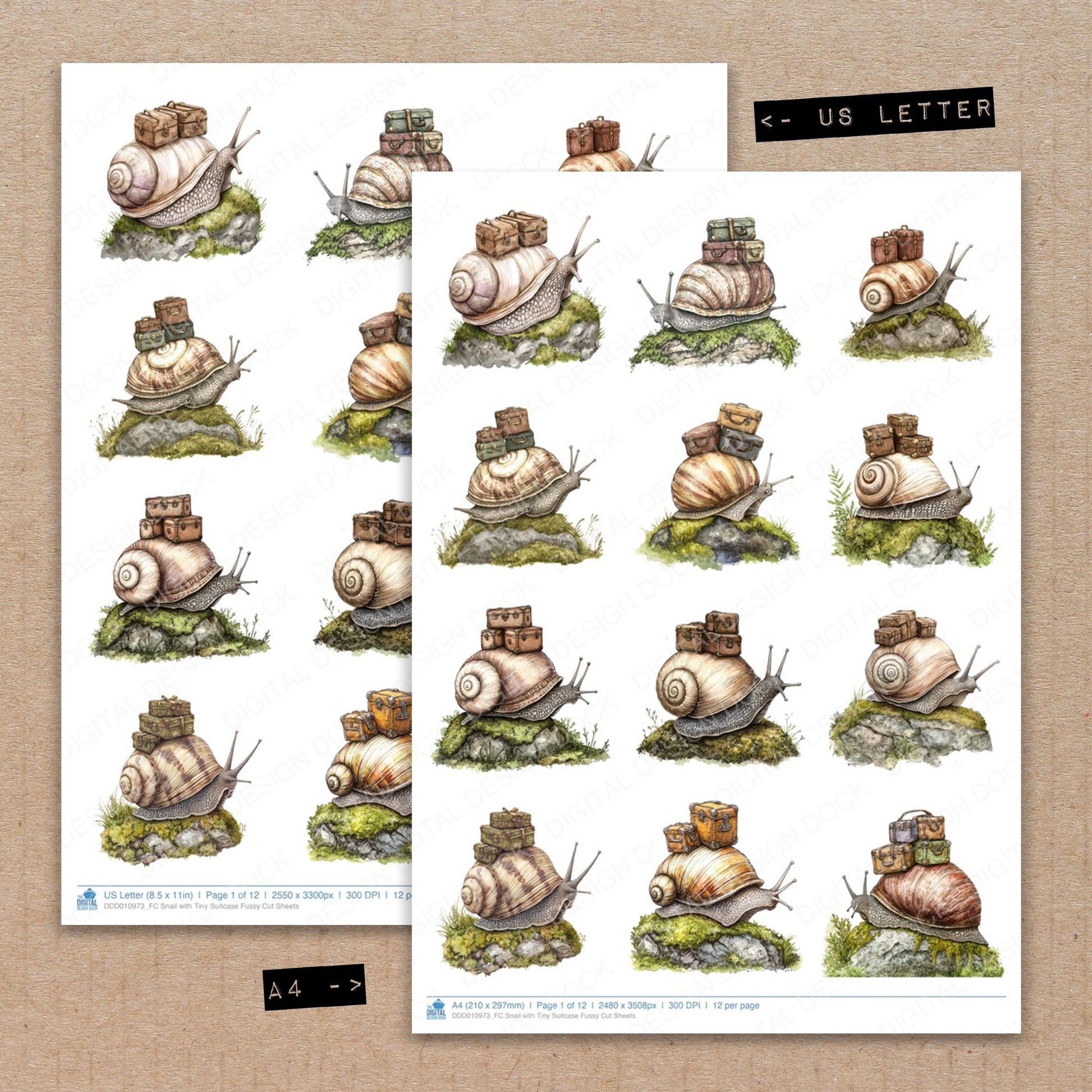 A4 and US Letter format comparison showing Snail with Tiny Suitcase fussy cut pages for print and cut crafting