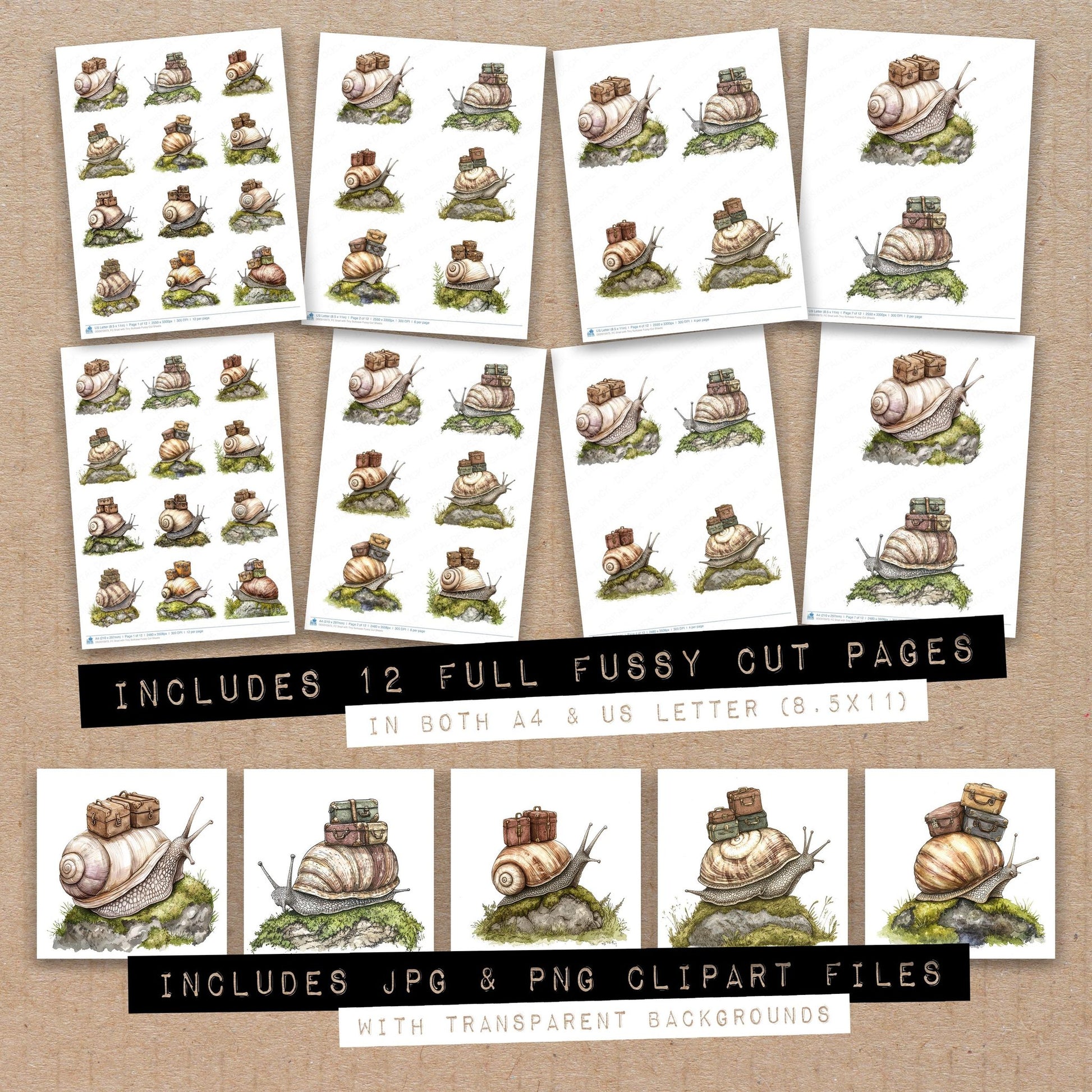 Full collection view of Snail with Tiny Suitcase fussy cut sheets with bonus clipart JPG and PNG files