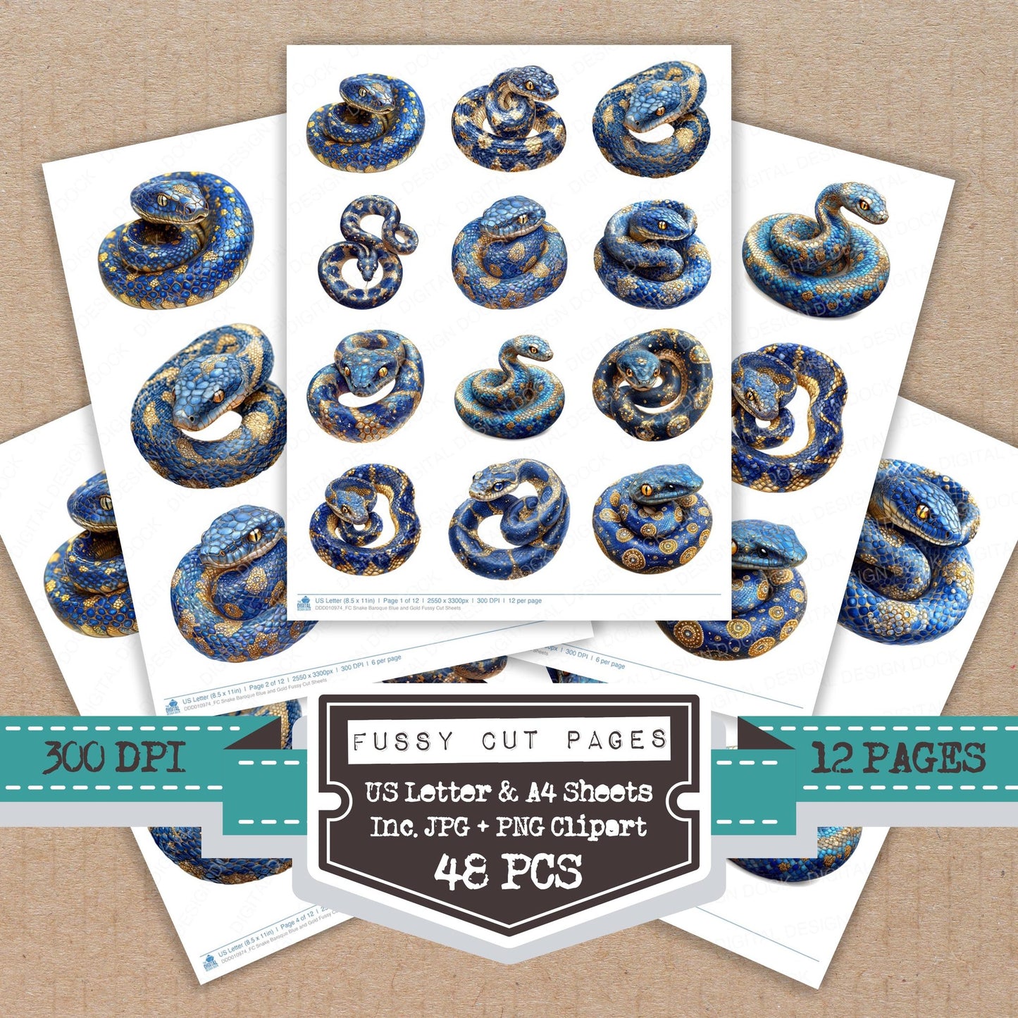 Snake Baroque Blue and Gold fussy cut printable sheets for junk journaling, scrapbooking, and paper craft projects