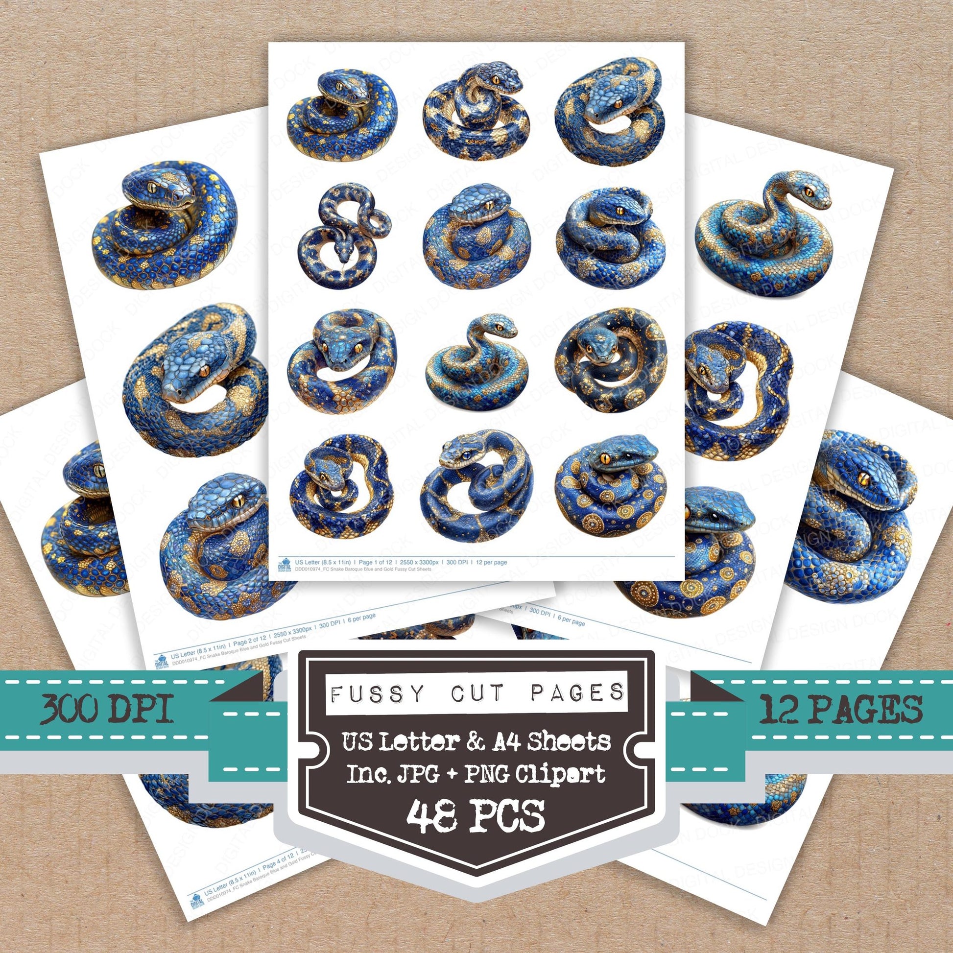 Snake Baroque Blue and Gold fussy cut printable sheets for junk journaling, scrapbooking, and paper craft projects