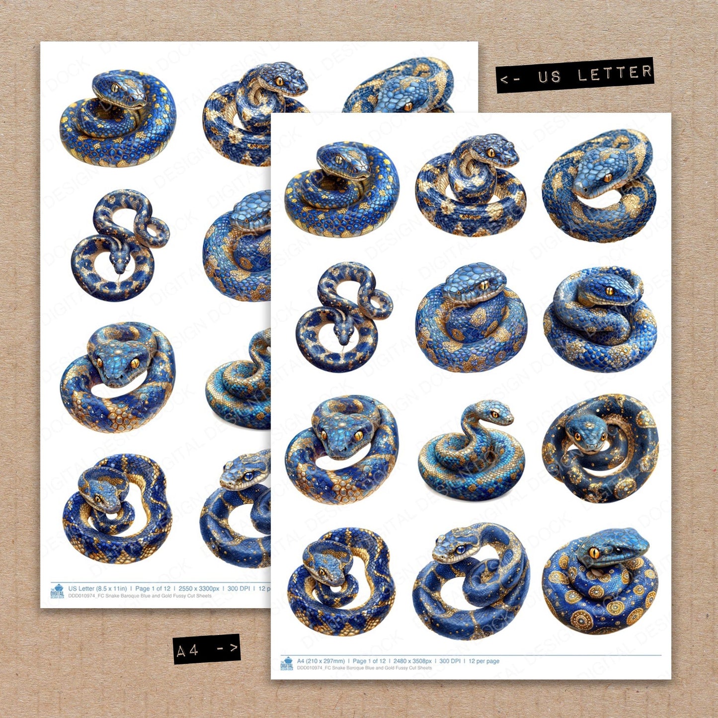 A4 and US Letter format comparison showing Snake Baroque Blue and Gold fussy cut pages for print and cut crafting