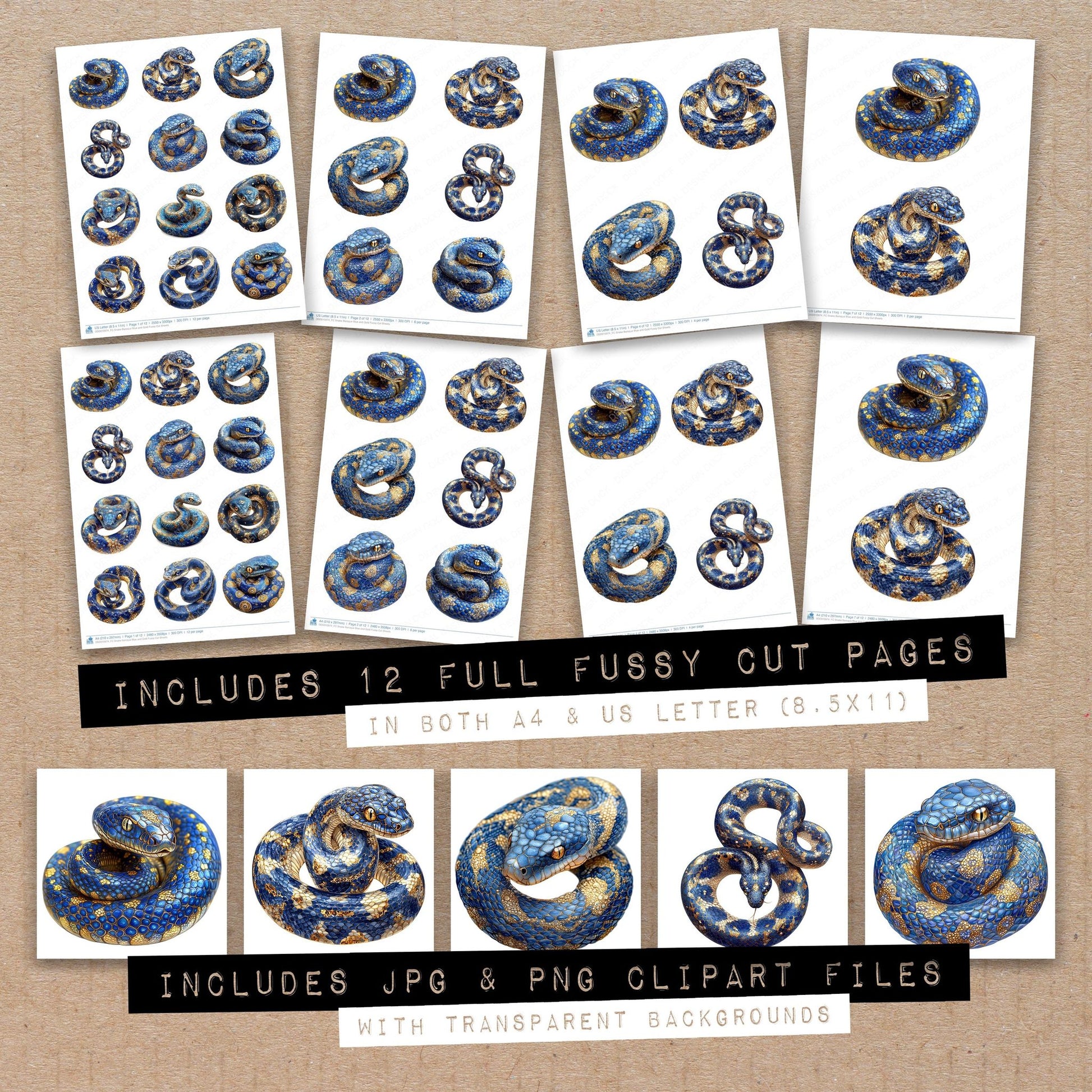Full collection view of Snake Baroque Blue and Gold fussy cut sheets with bonus clipart JPG and PNG files