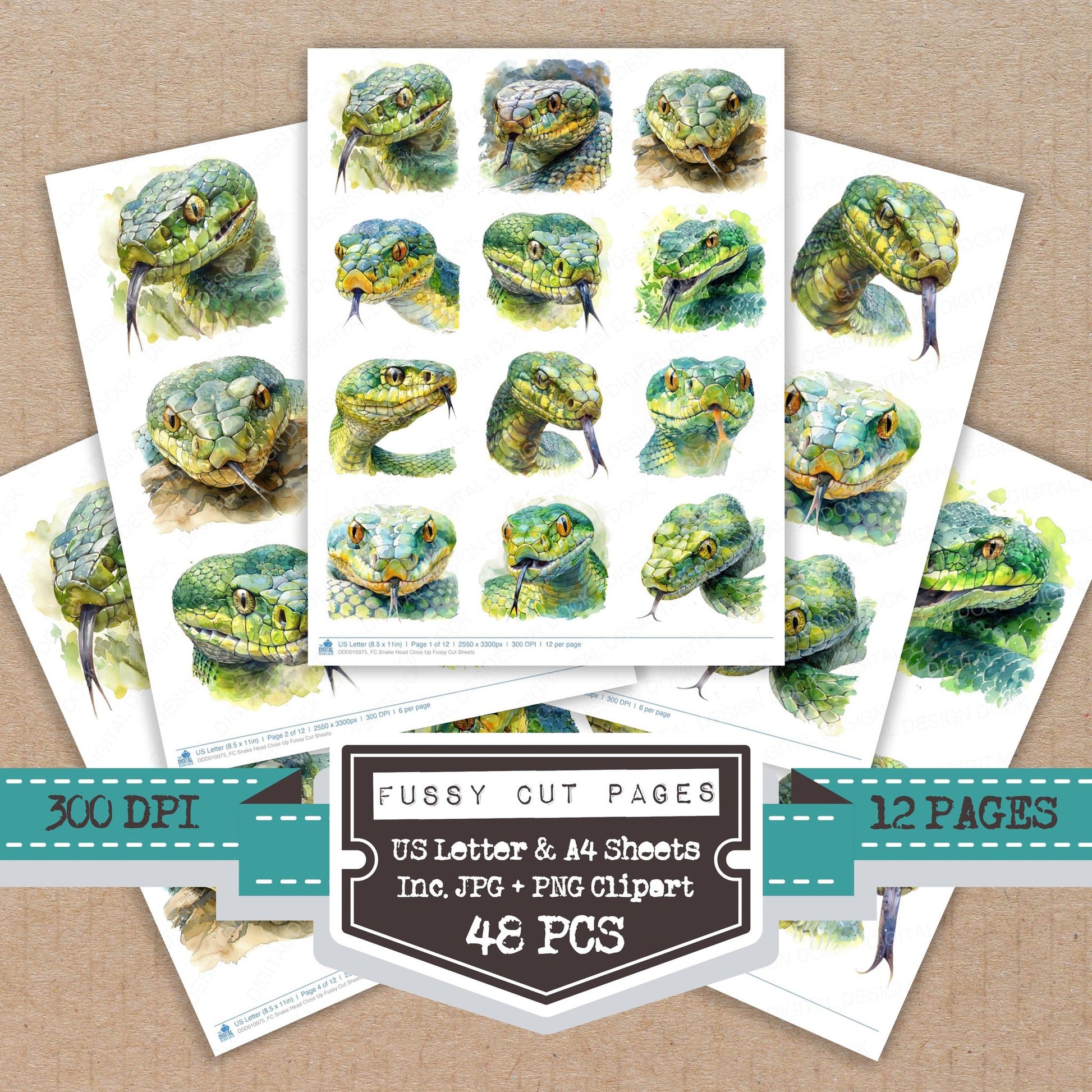 Snake Head Close Up fussy cut printable sheets for junk journaling, scrapbooking, and paper craft projects