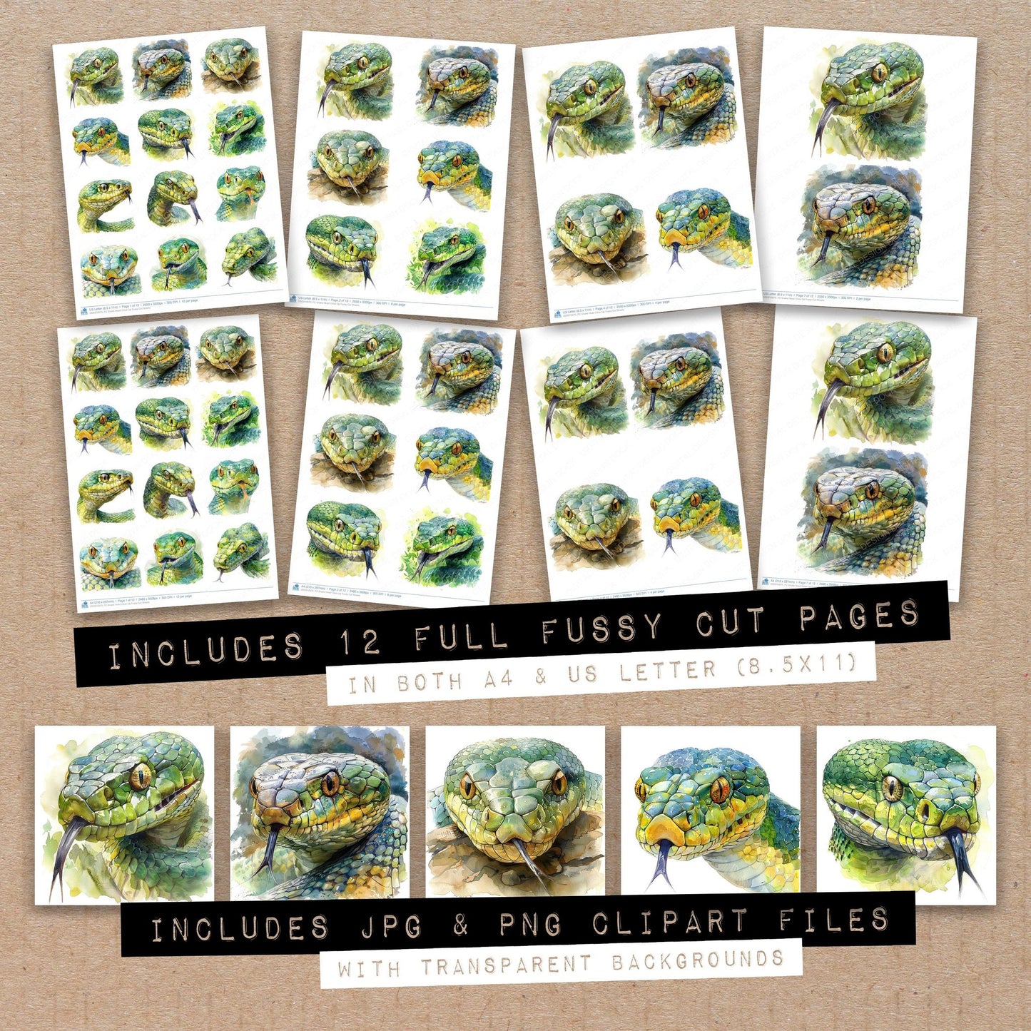 Full collection view of Snake Head Close Up fussy cut sheets with bonus clipart JPG and PNG files