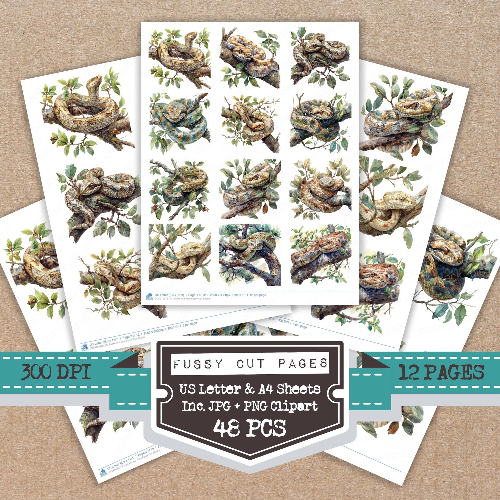 Snake in a Tree fussy cut printable sheets for junk journaling, scrapbooking, and paper craft projects