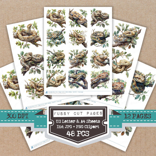 Snake in a Tree fussy cut printable sheets for junk journaling, scrapbooking, and paper craft projects