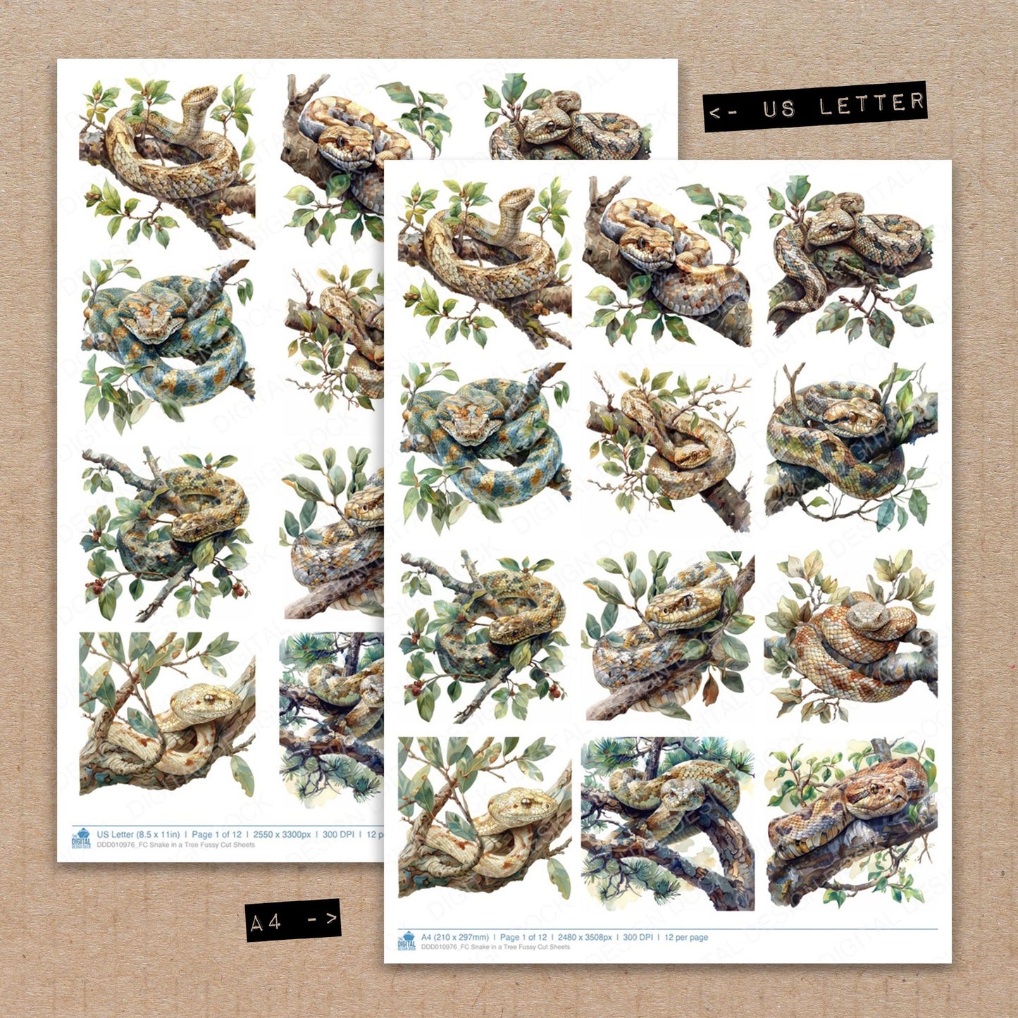 A4 and US Letter format comparison showing Snake in a Tree fussy cut pages for print and cut crafting