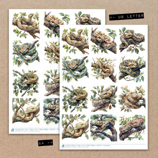A4 and US Letter format comparison showing Snake in a Tree fussy cut pages for print and cut crafting