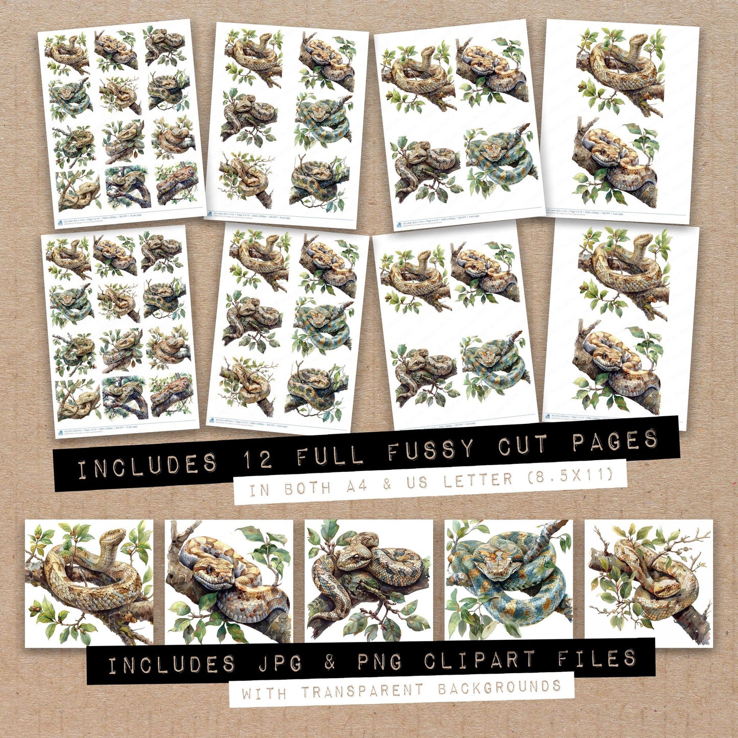 Full collection view of Snake in a Tree fussy cut sheets with bonus clipart JPG and PNG files