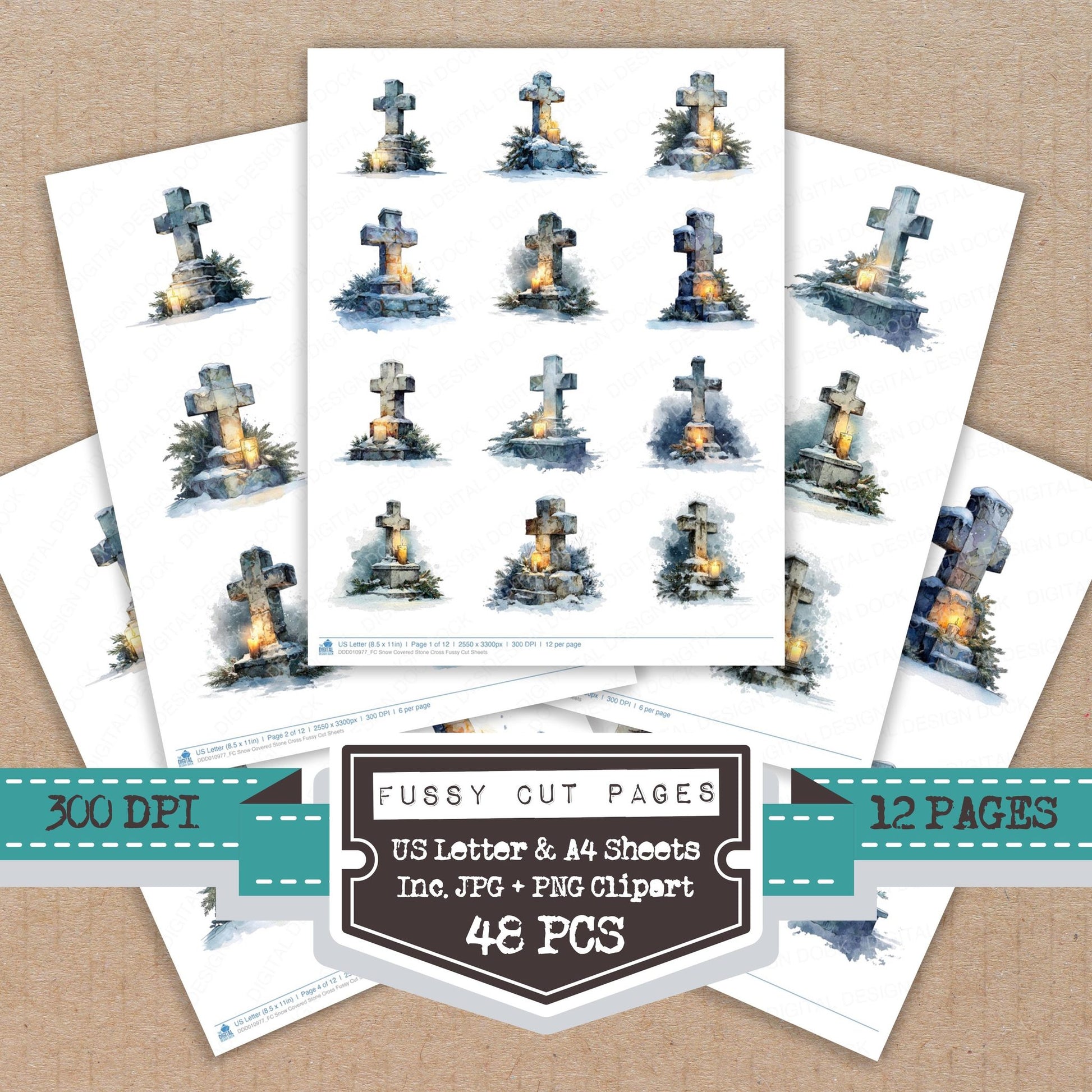 Snow Covered Stone Cross fussy cut printable sheets for junk journaling, scrapbooking, and paper craft projects