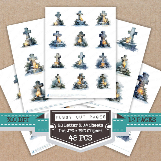 Snow Covered Stone Cross fussy cut printable sheets for junk journaling, scrapbooking, and paper craft projects