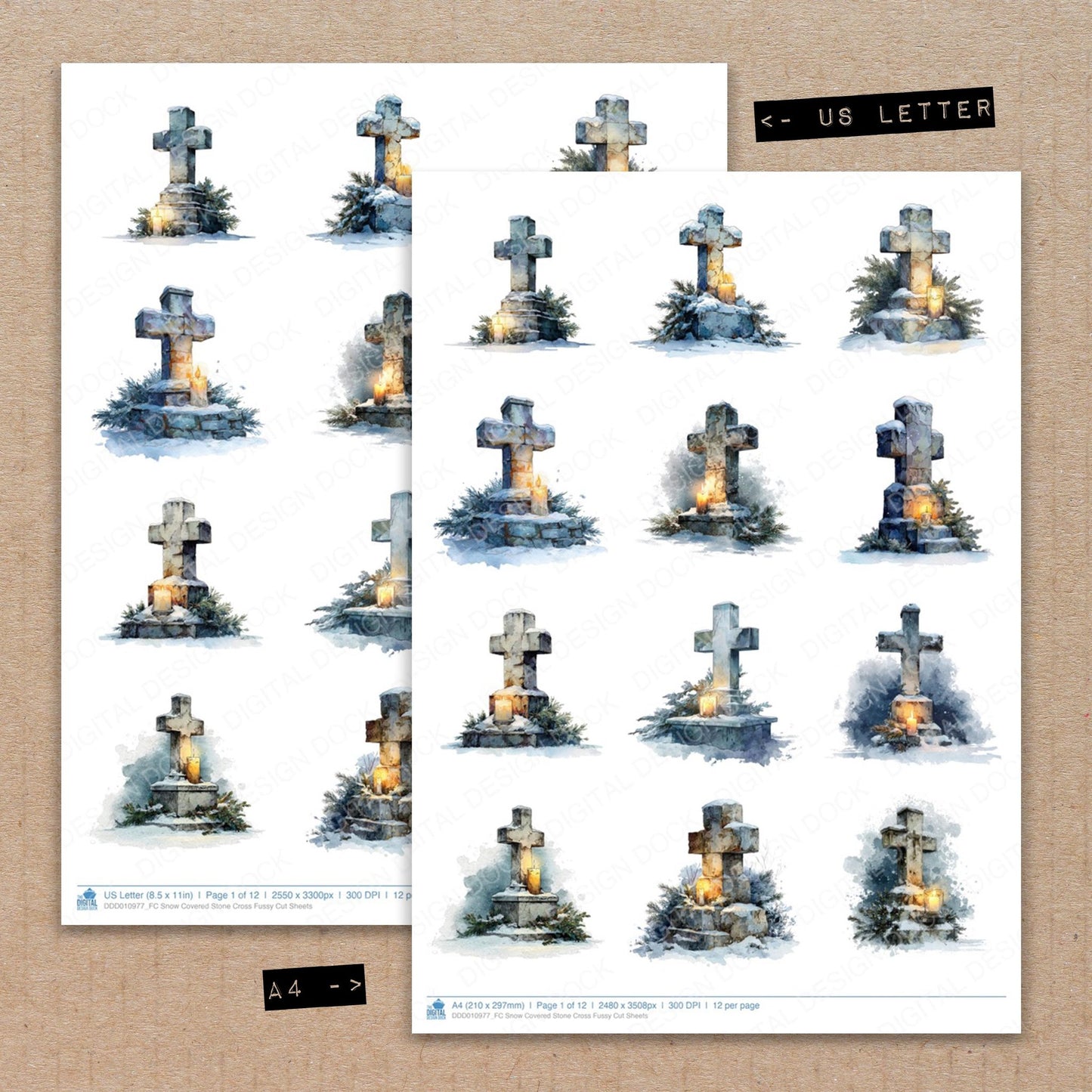 A4 and US Letter format comparison showing Snow Covered Stone Cross fussy cut pages for print and cut crafting