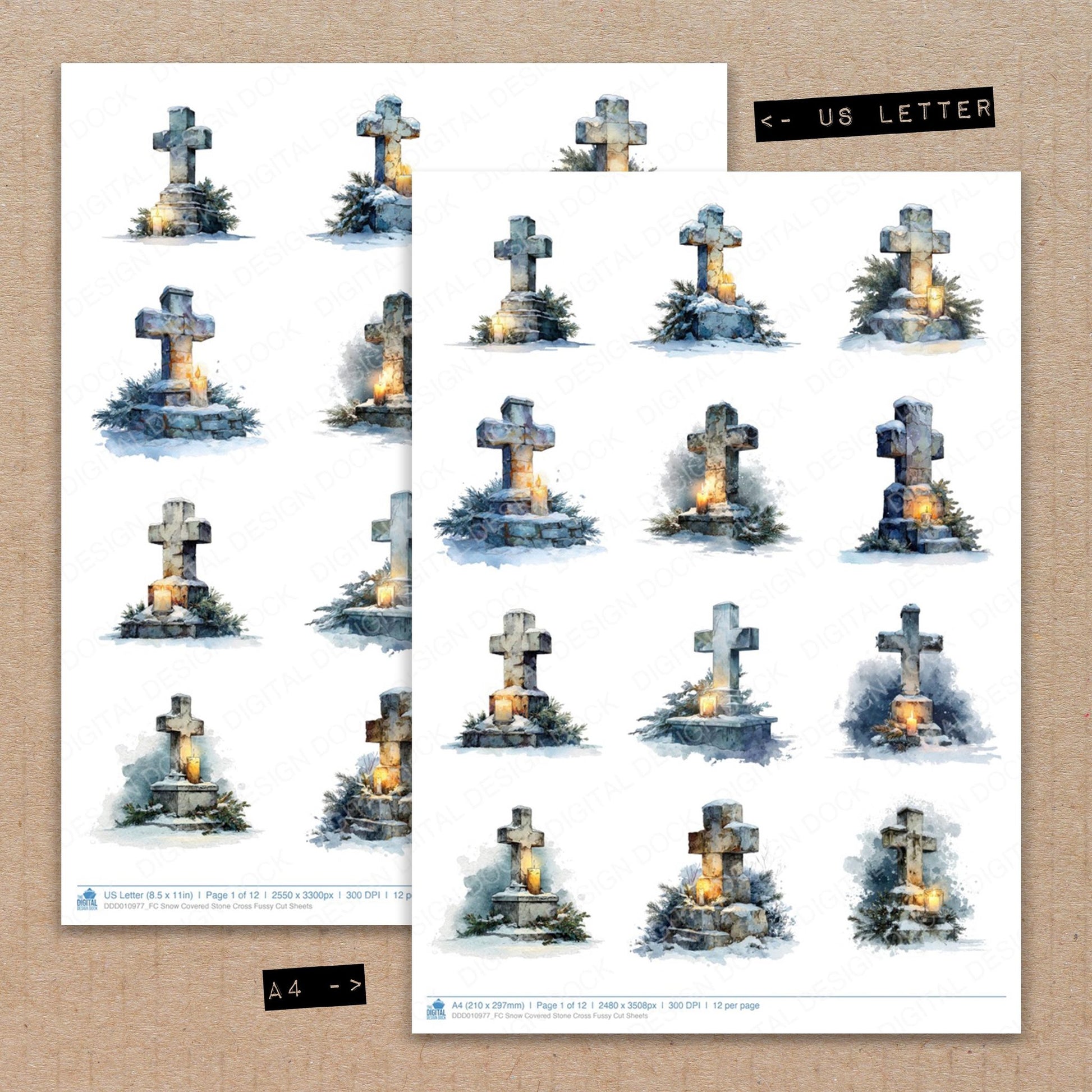 A4 and US Letter format comparison showing Snow Covered Stone Cross fussy cut pages for print and cut crafting
