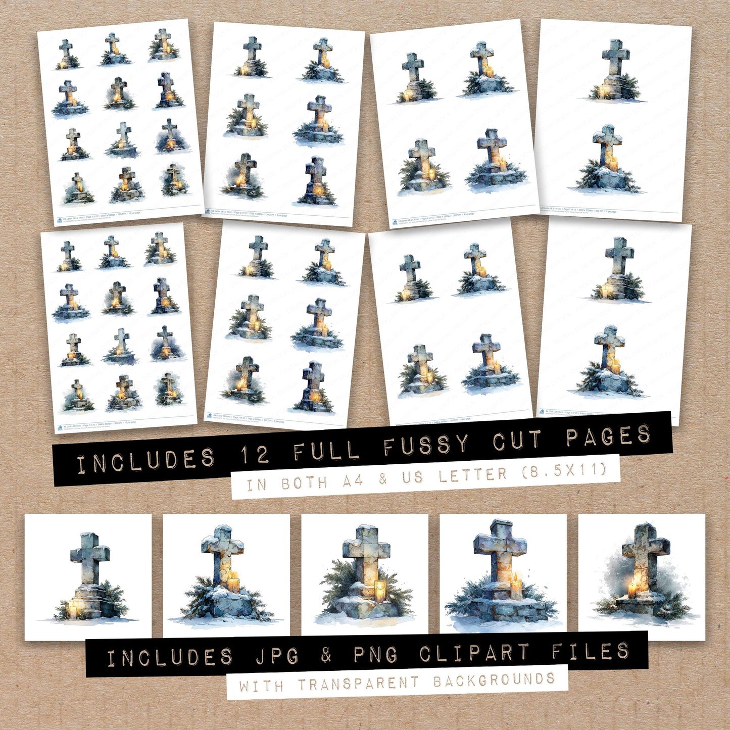 Full collection view of Snow Covered Stone Cross fussy cut sheets with bonus clipart JPG and PNG files
