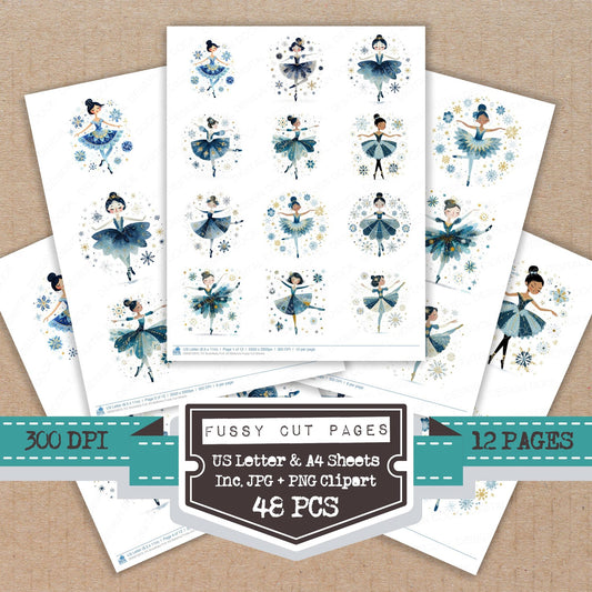 Snowflake Folk Art Ballerina fussy cut printable sheets for junk journaling, scrapbooking, and paper craft projects