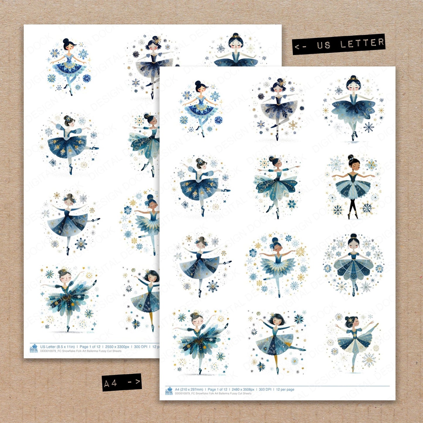 A4 and US Letter format comparison showing Snowflake Folk Art Ballerina fussy cut pages for print and cut crafting